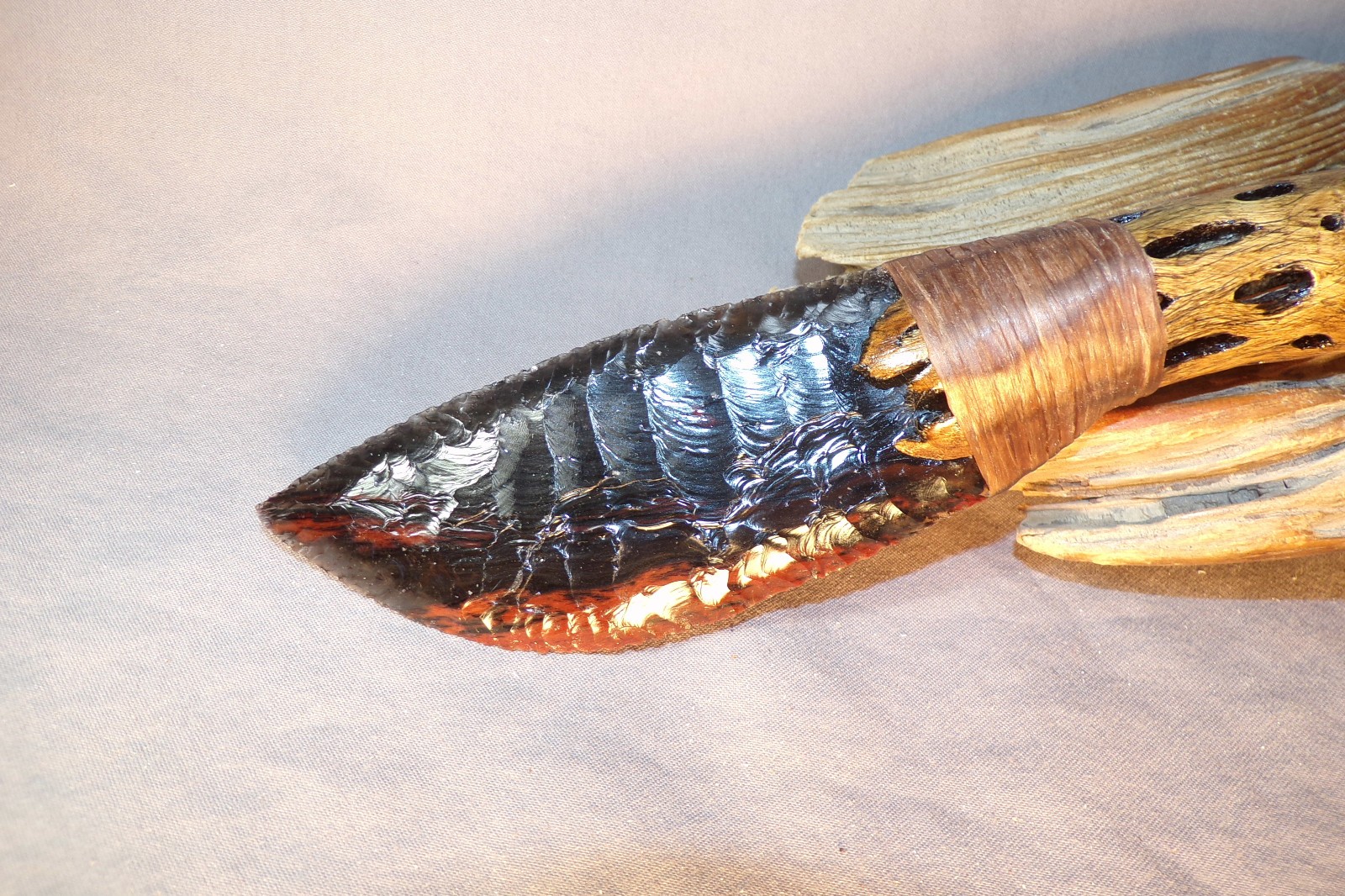 Large Triple Flow Obsidian Drop Point Knife w Cholla Cactus Wood Handle