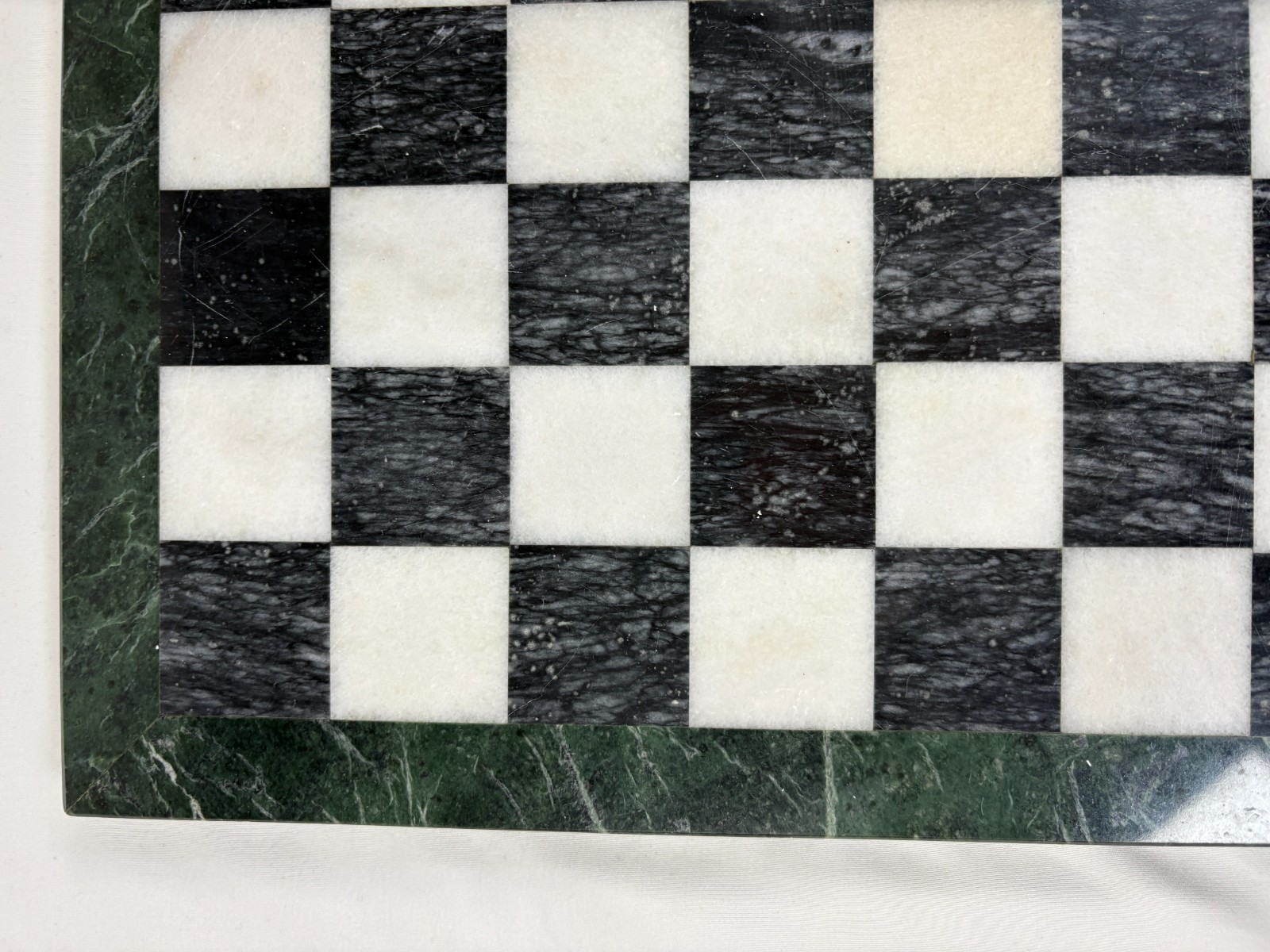 Marble Chess Board Black White With Green Border Stone 15 Inch Vintage Used