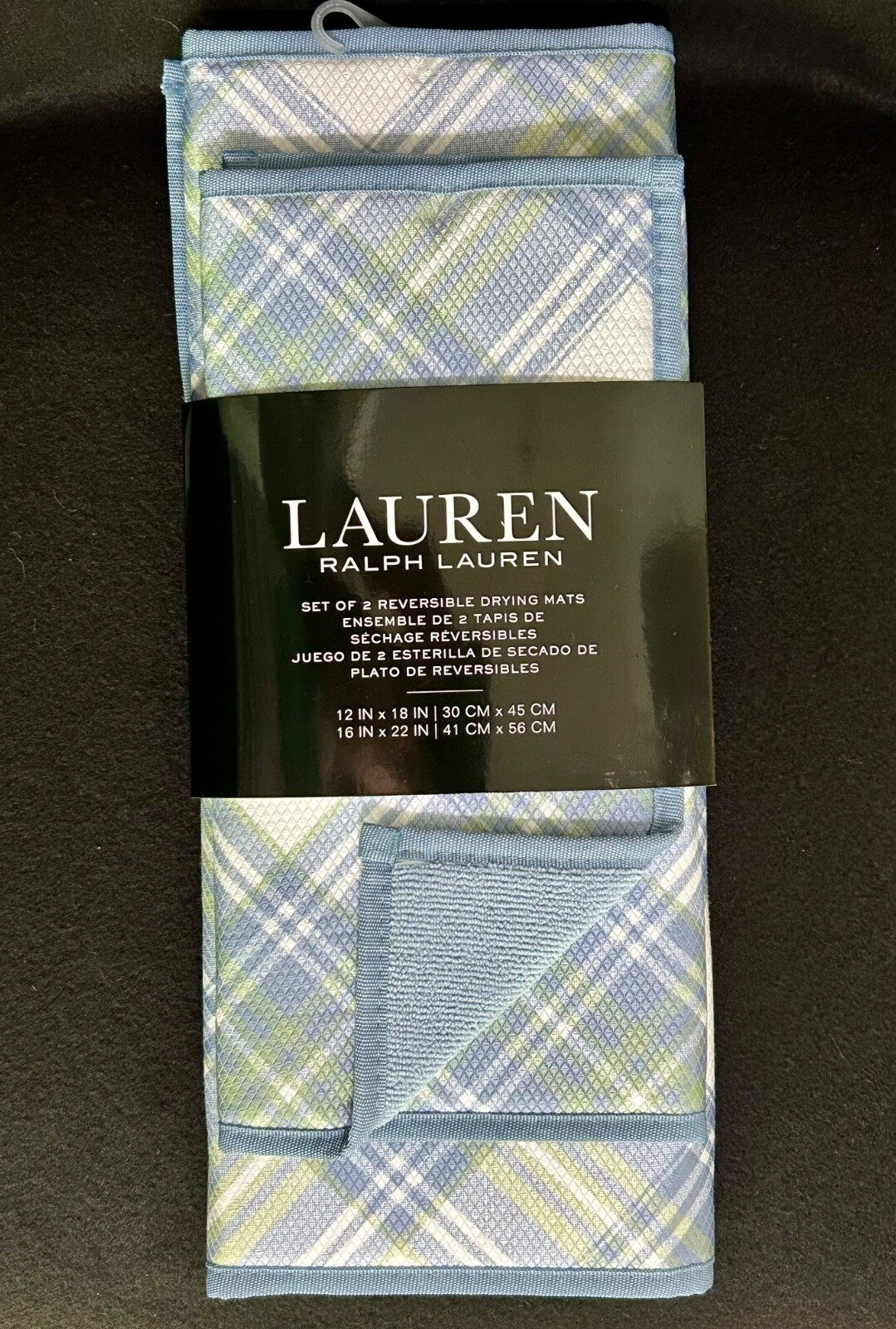 RALPH LAUREN KITCHEN DRYING MATS Plaid (2) 12" X 18" And 16" X 22" Blue/Green