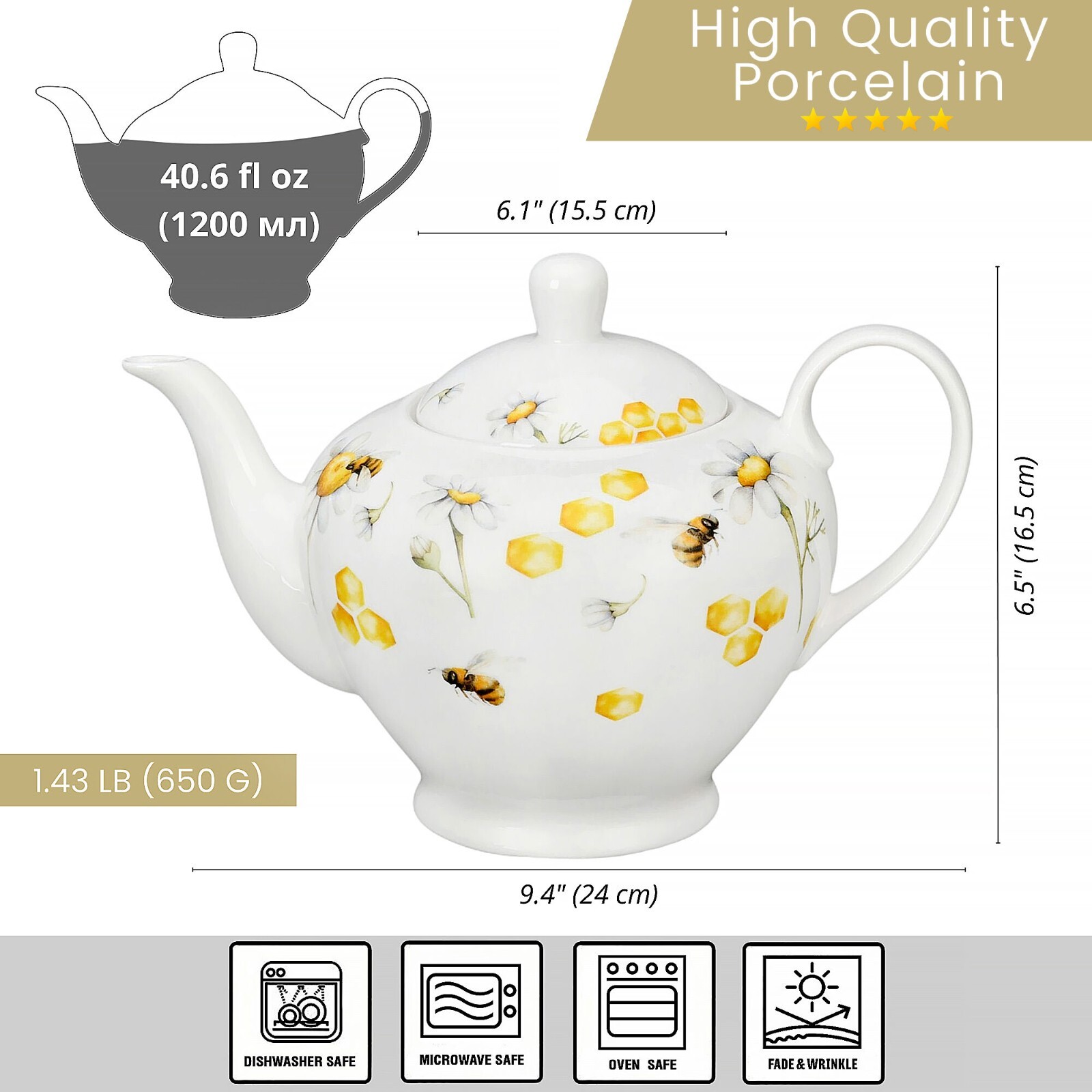STPGOODS Honey Bee Porcelain Teapot in Gift Box Ceramic Tea Pot 1.3 qt Pot