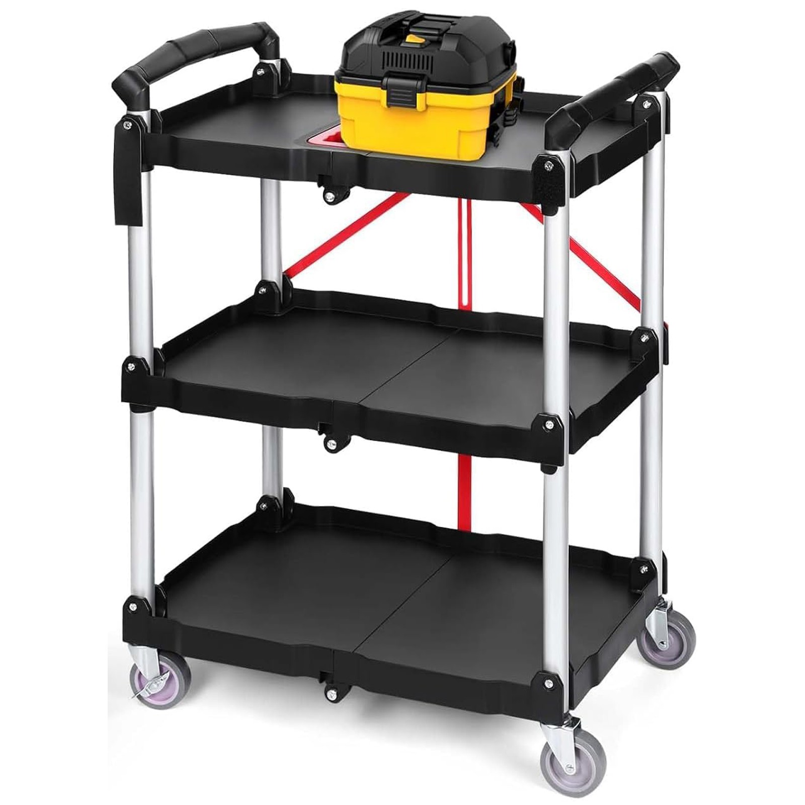 Portable Folding Service Cart 3 Tier Utility Trolley w/ 360 Swivel Wheels