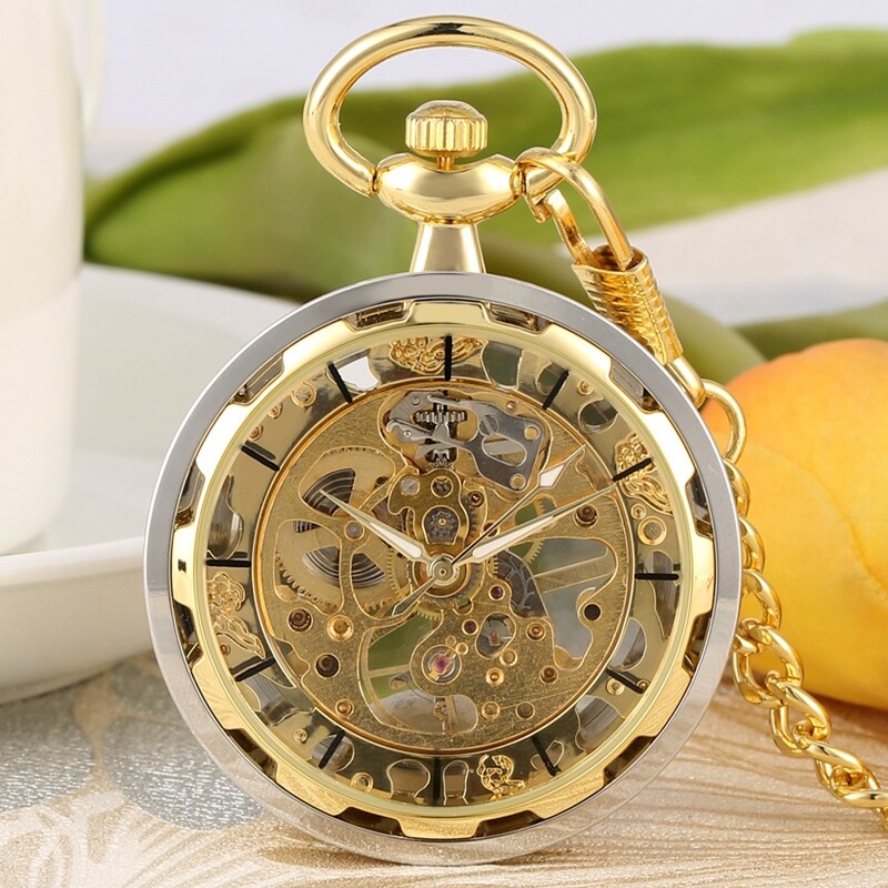 Men's Mechanical Pocket Watch Hand Winding Open Face Golden Pendant Chain Gifts