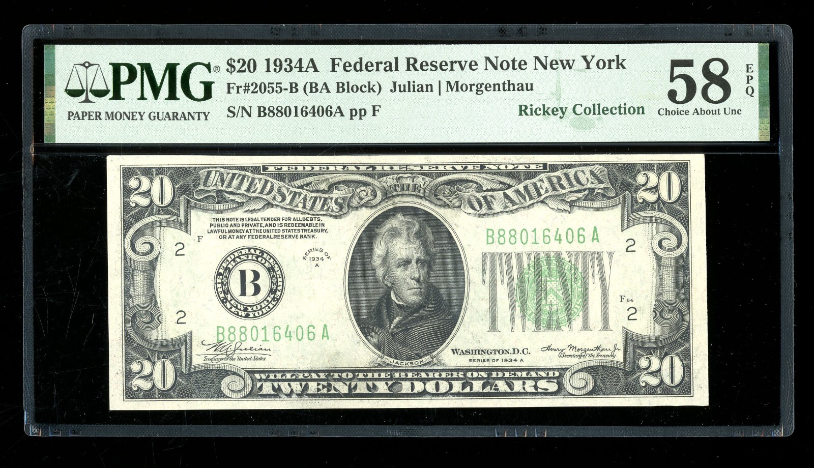 DBR 1934-A $20 FRN New York Fr. 2055-B PMG 58 EPQ Serial B88016406A