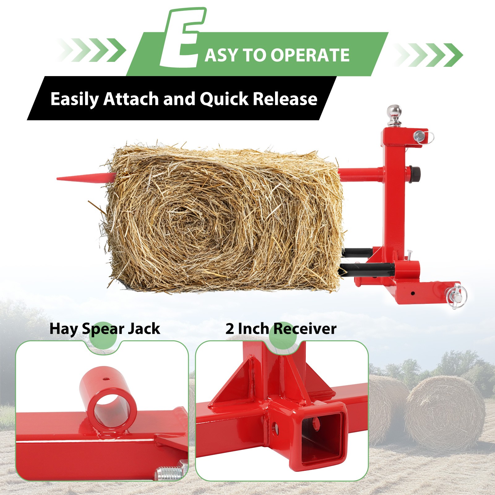 3 Point 3000 LB Hay Bale Spear Receiver Hitch Cat 1 Tractor W/Gooseneck Ball