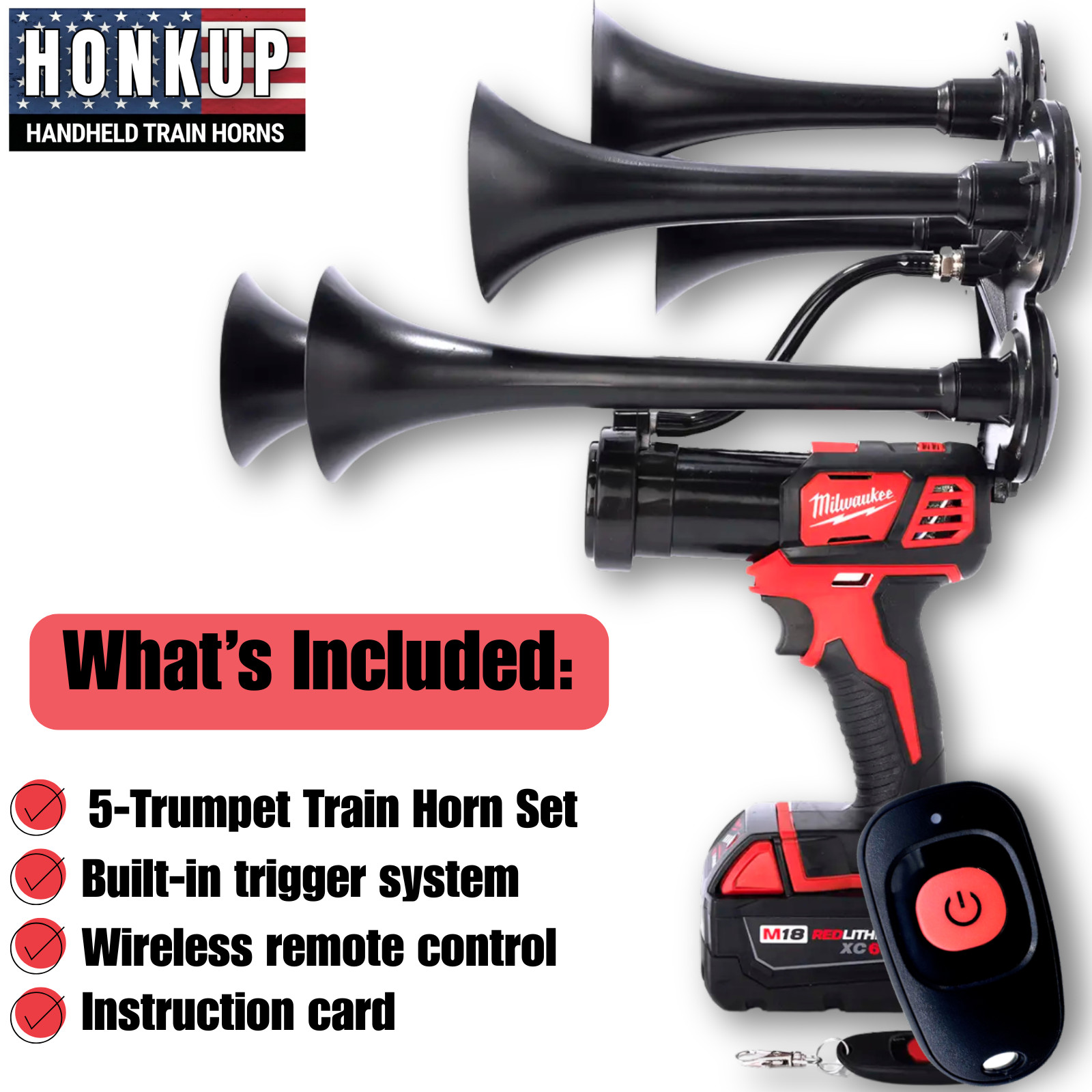 Milwaukee M18 Train Air Horn - Impact Drill Train Horn 5-Trumpet Penta + REMOTE