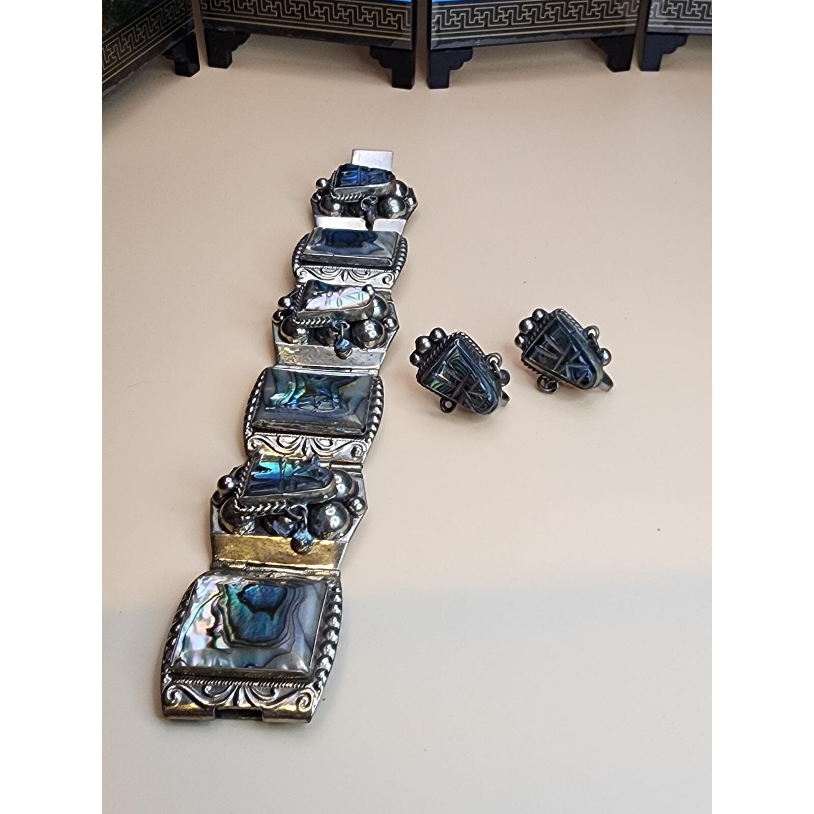 70 Yr Old TAXCO MEXICO Sterling Silver Abolone Bracelet & Earrings Set 61.66 Gr.