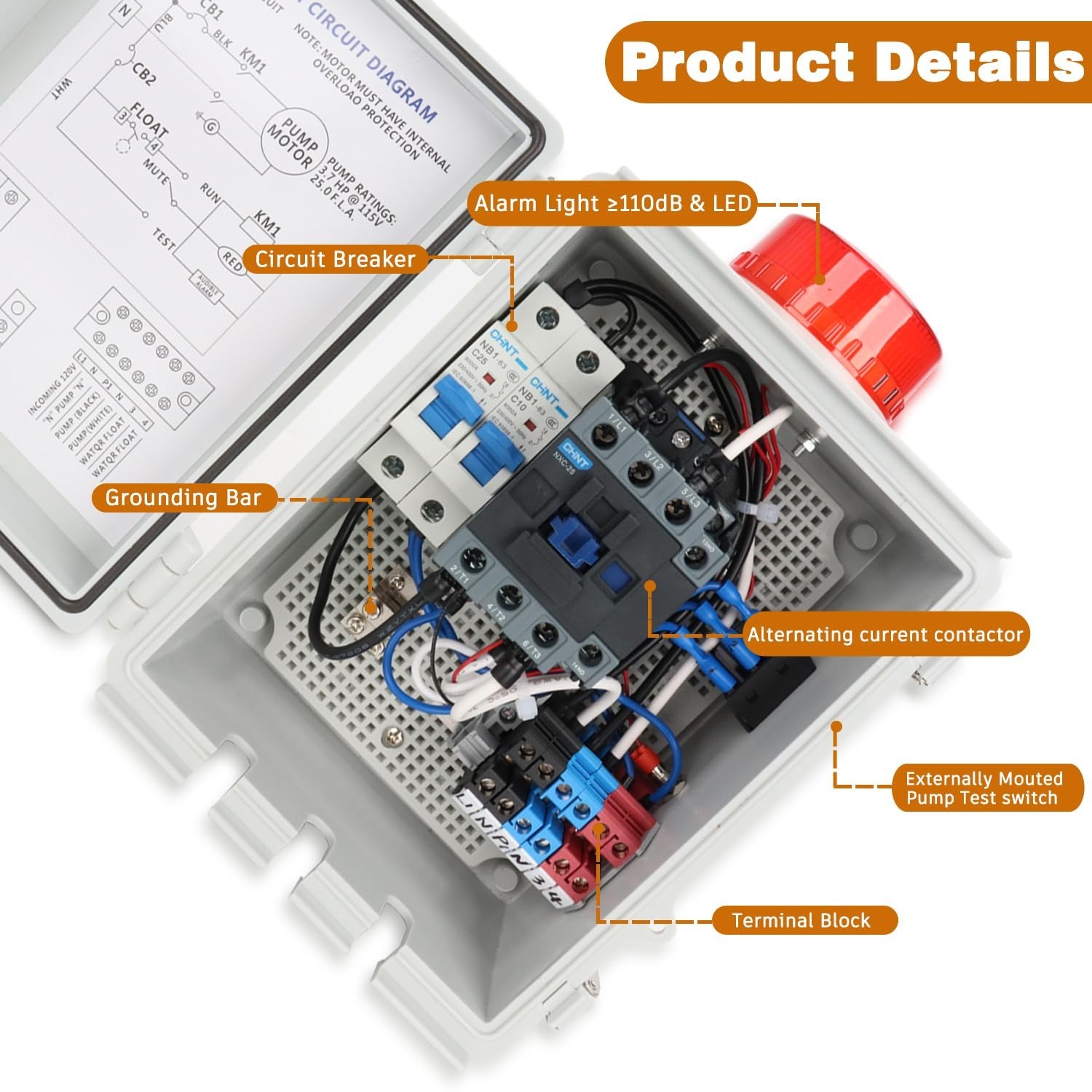 Upgraded Septic Control Panel with Septic Alarm, Pump Circuit Breaker, 14 AWG