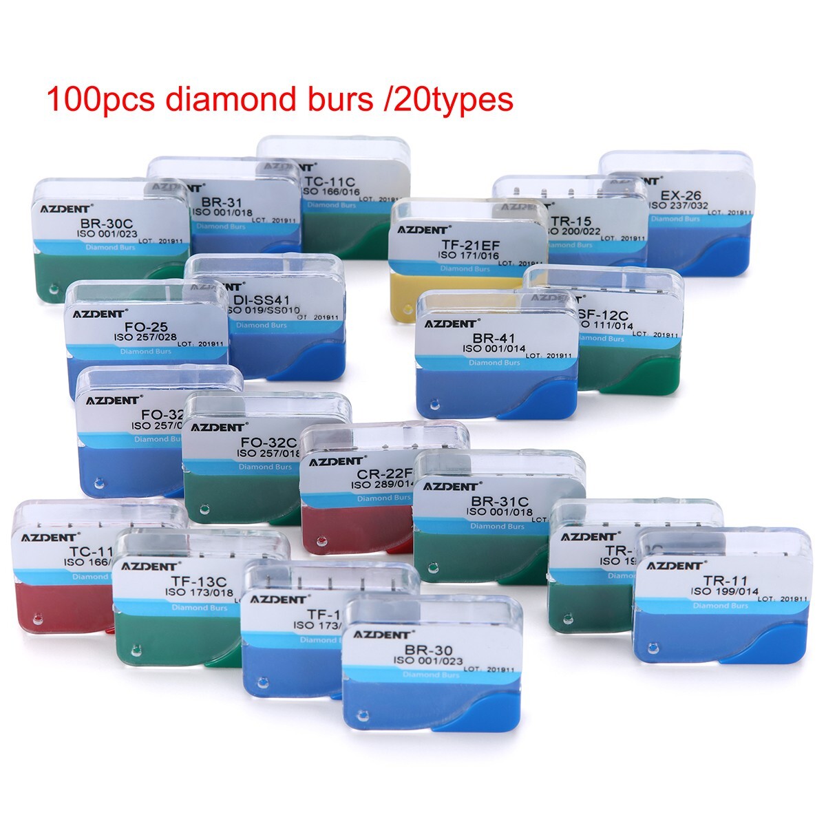 100Pcs AZDENT Dental Diamond Burs Kit for High Speed Handpiece Medium FG 1.6MM