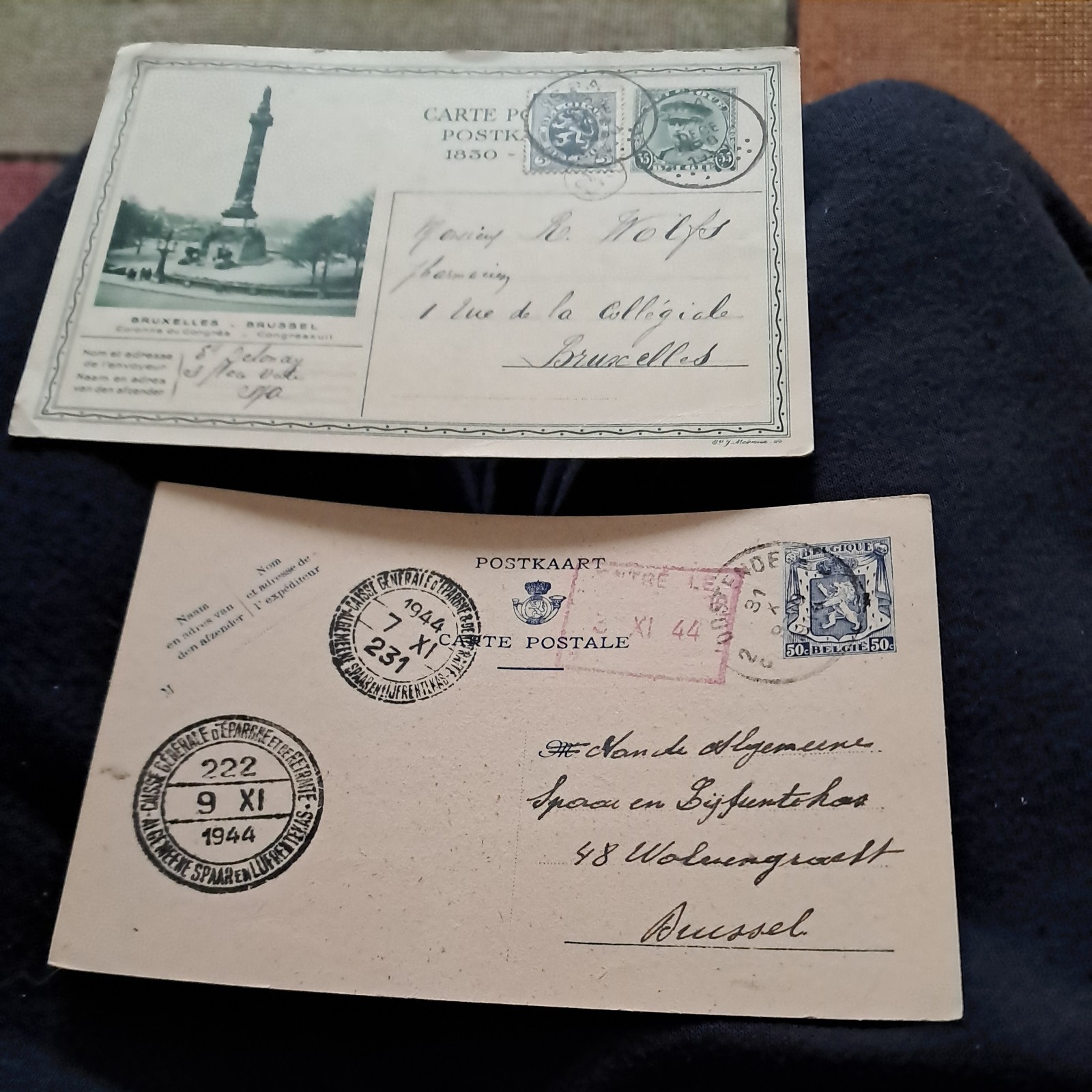 2 x BELGIUM  1930, 1944,  Used  Postcards