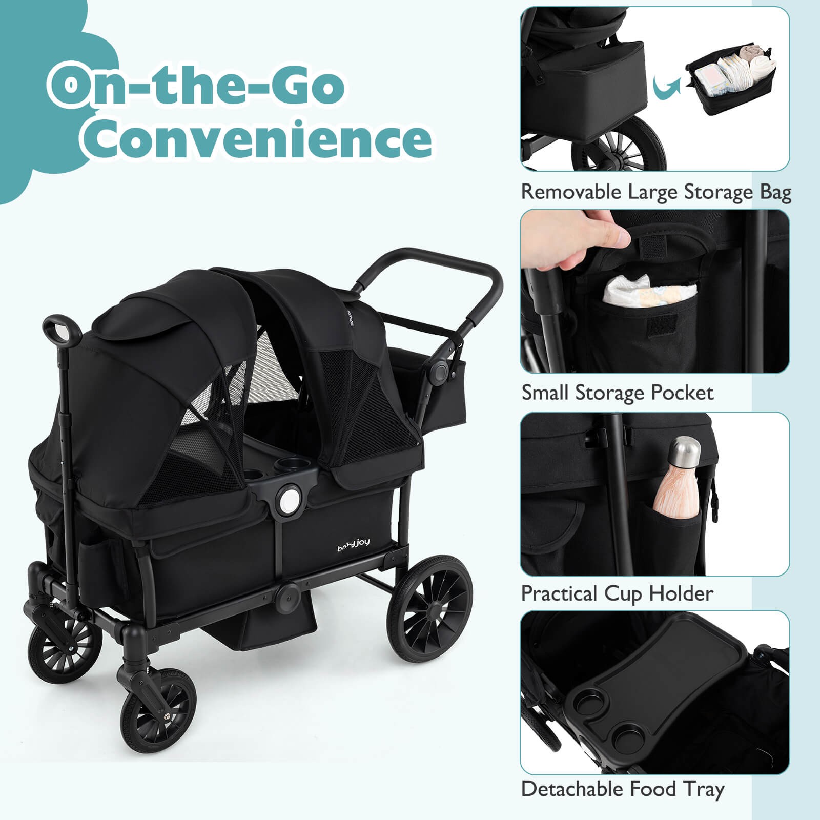Wagon Stroller for 2 Kids Push Pull Double Stroller with Adjustable Handle