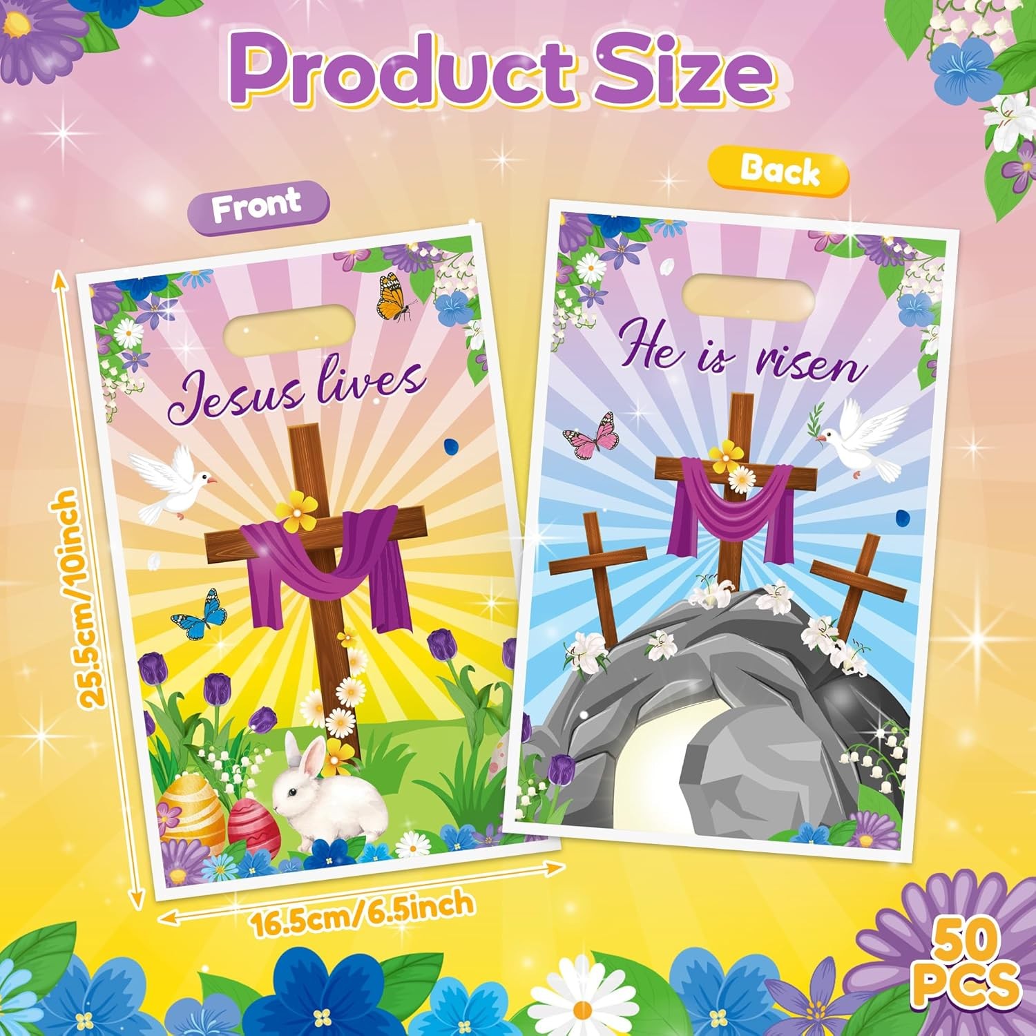50Pcs Easter He is Risen Party Favor Bags Jesus Lives Religious Goodie Candy Tre