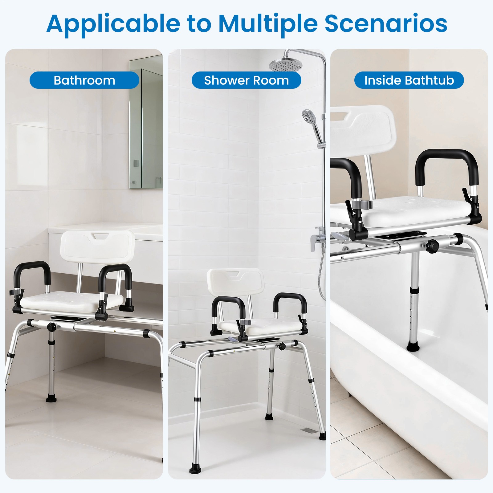 Sliding Tub Transfer Bench Shower Chair with 360° Swivel Seat