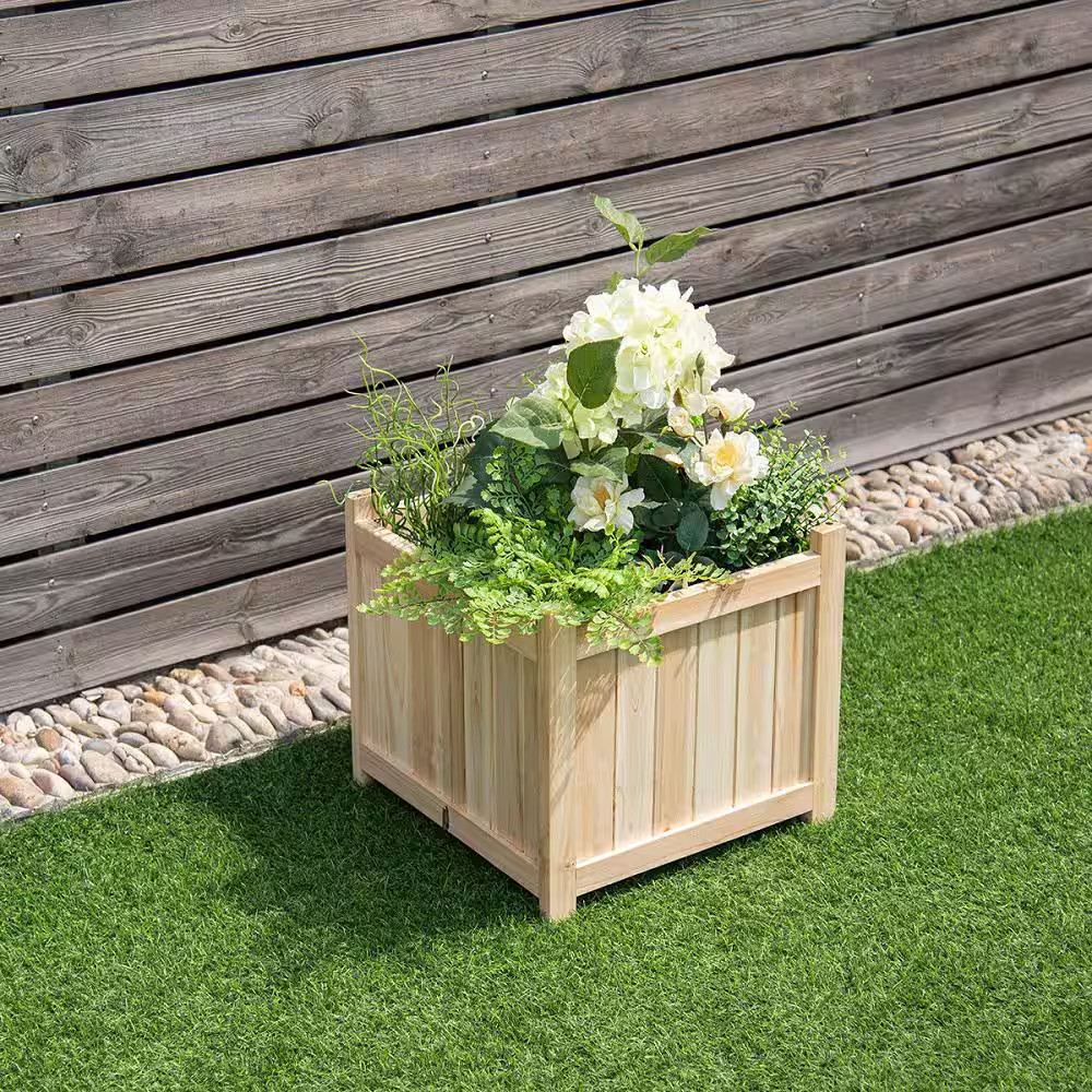15 In. L X 15 In. W X 14 In. H Beige Wood Square Flower Planter Box Raised Veget