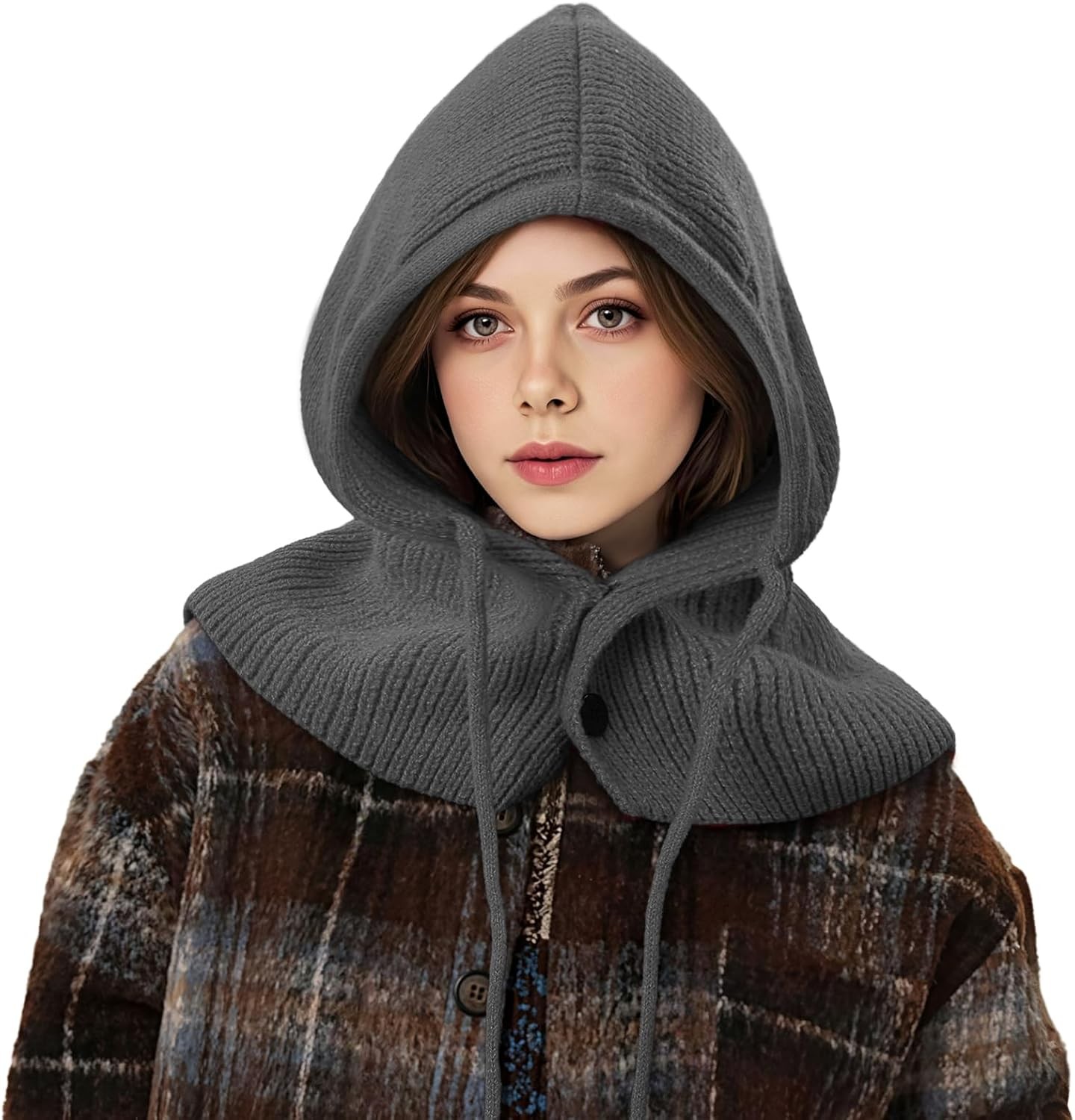 Balaclava Hat for Women, Warm Ear Neck Hooded Scarf with Drawstring, Grey