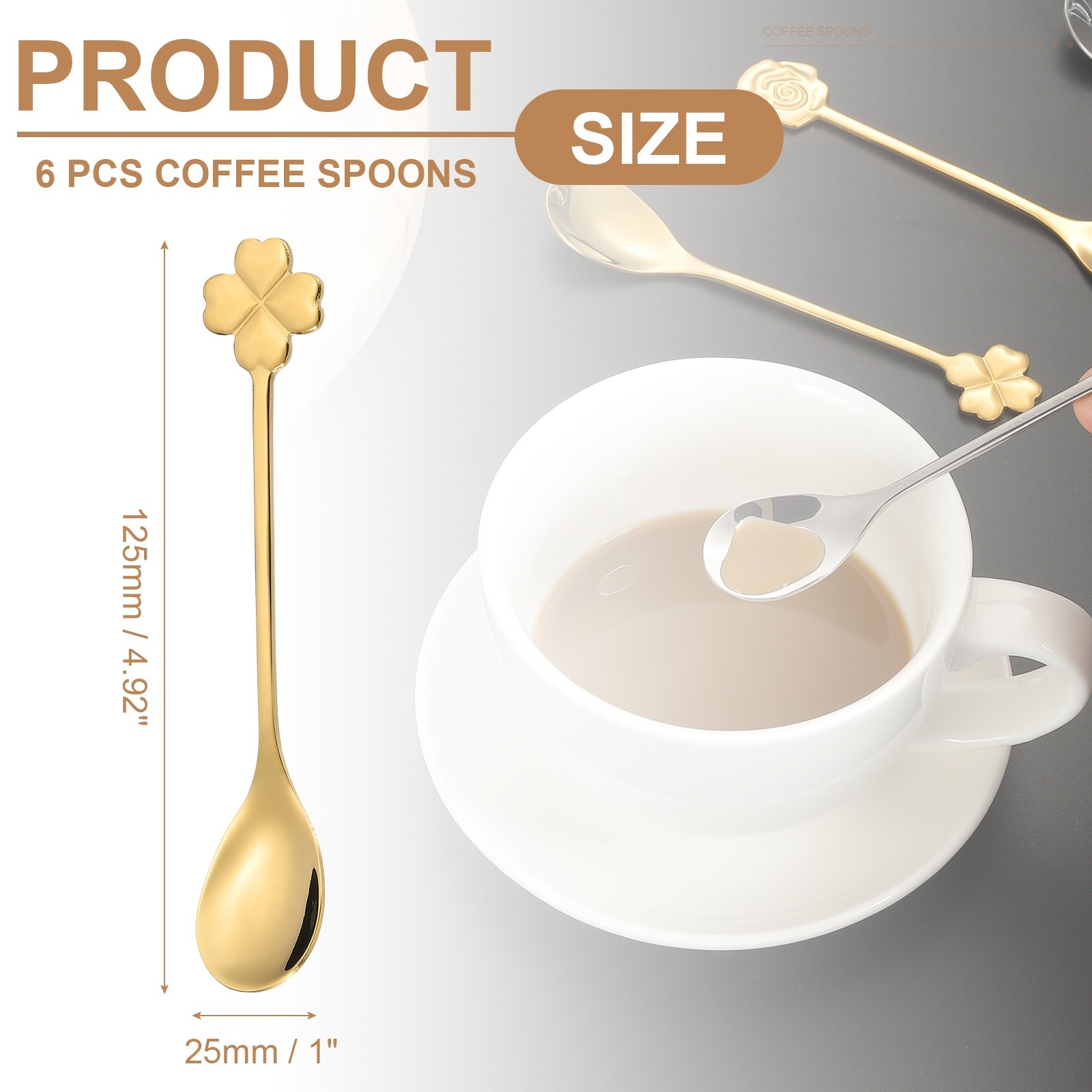 6pcs Coffee Spoons, Four Leaf Grass Tea Spoons Stainless Steel, Gold