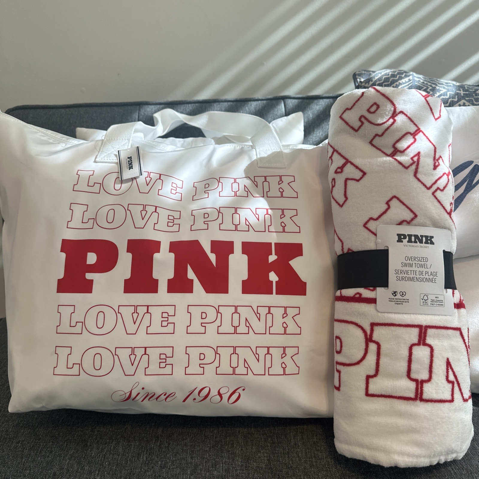 Victoria’s Secret PINK Love Pink Tote Bag & Towel Set White Red Logo Set