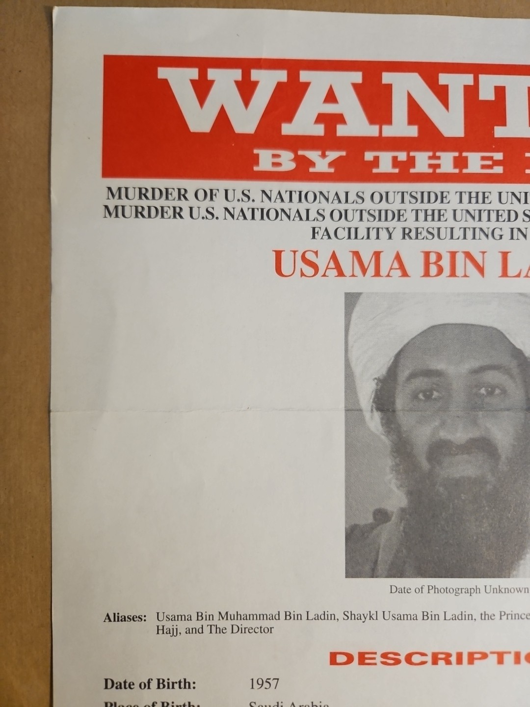 Original USAMA BIN LADEN FBI wanted Poster 3-29-99