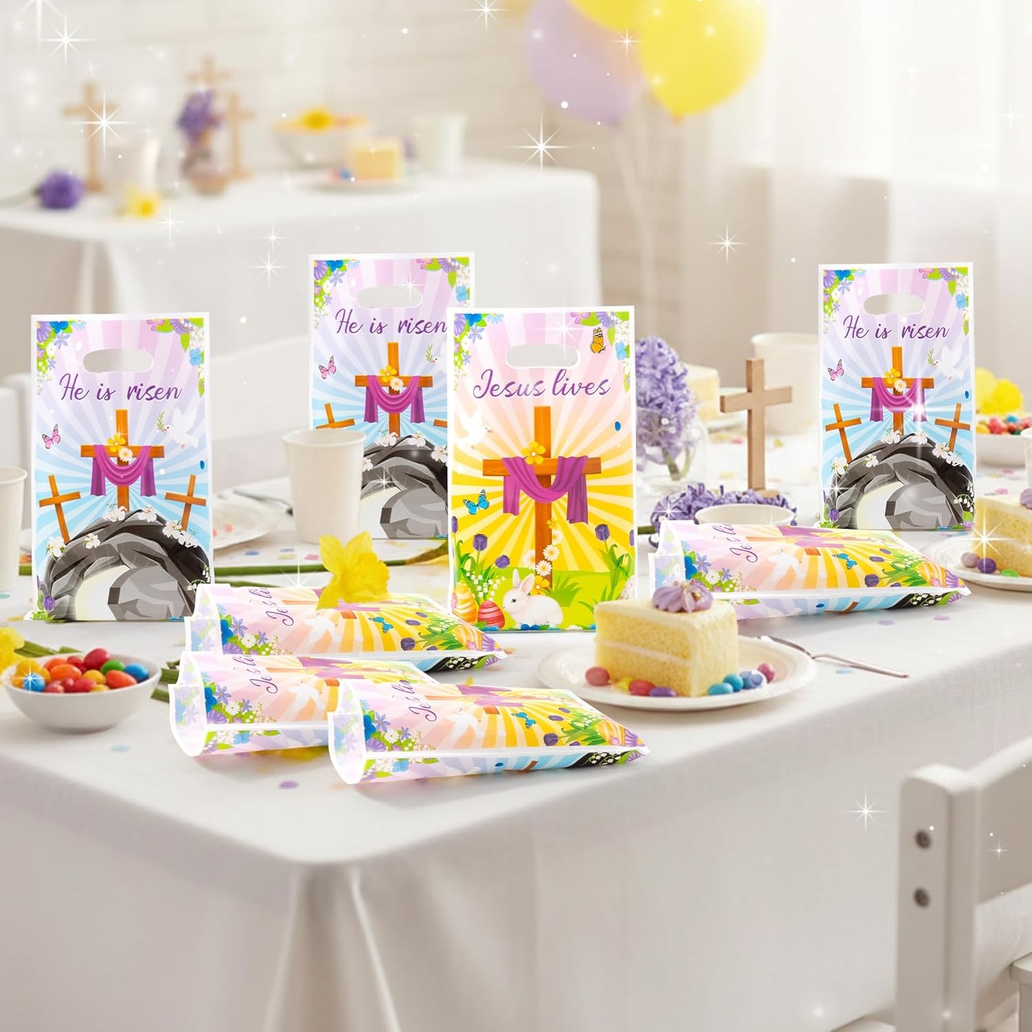 50Pcs Easter He is Risen Party Favor Bags Jesus Lives Religious Goodie Candy Tre