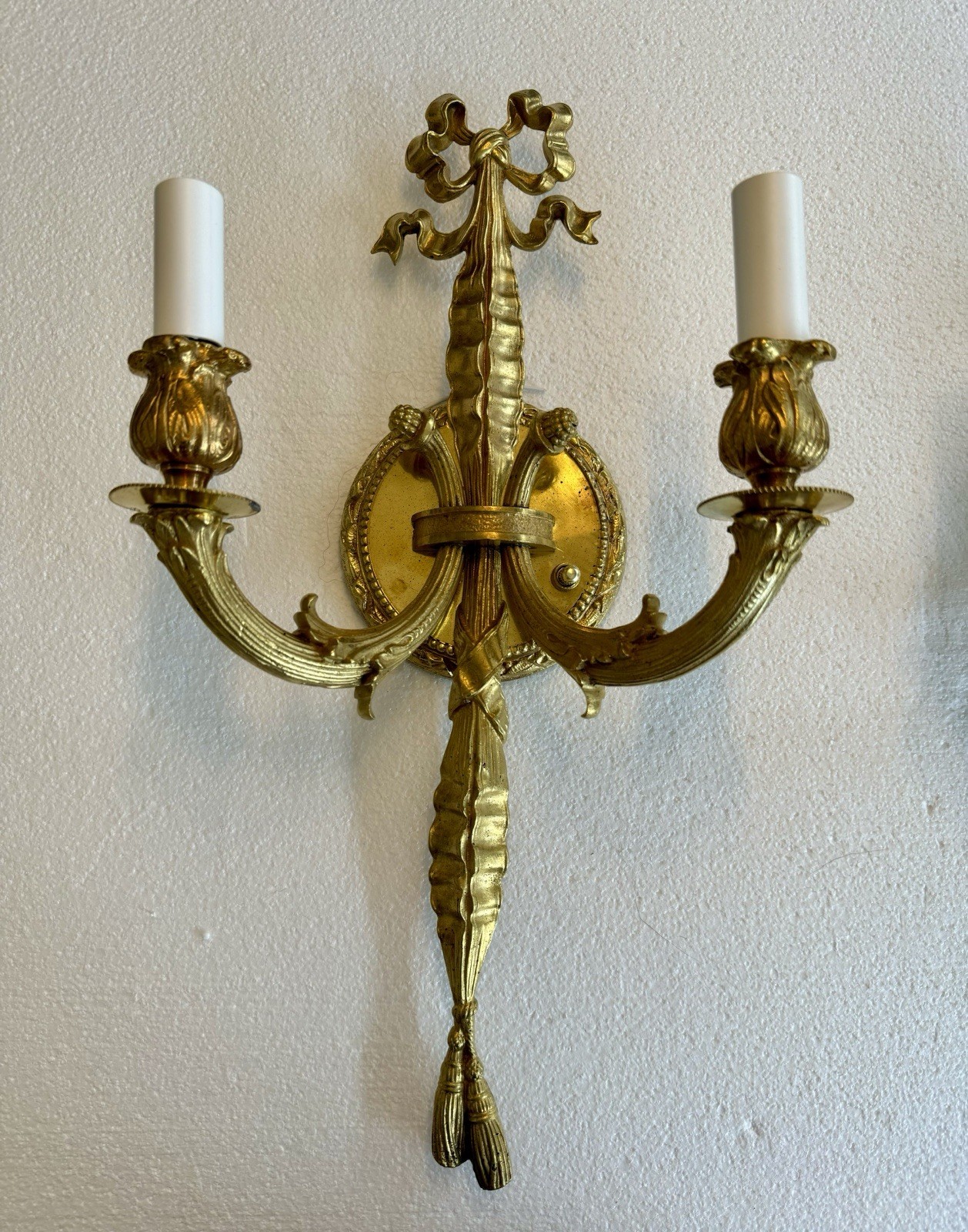 PAIR Antique French Gilt Brass Rope Bow Tassels Wall Sconce Candelabras A1