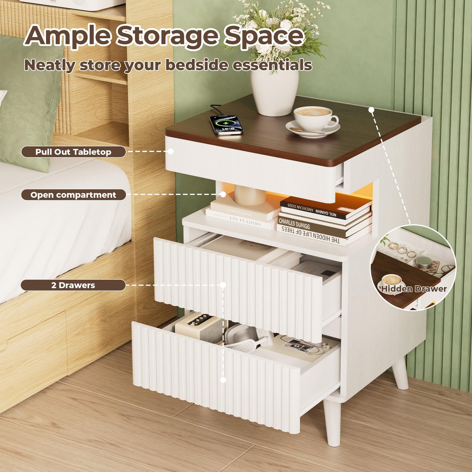 26" Tall Fluted NightStand w/Charging Station & LED Light,with 3 Storage Drawers