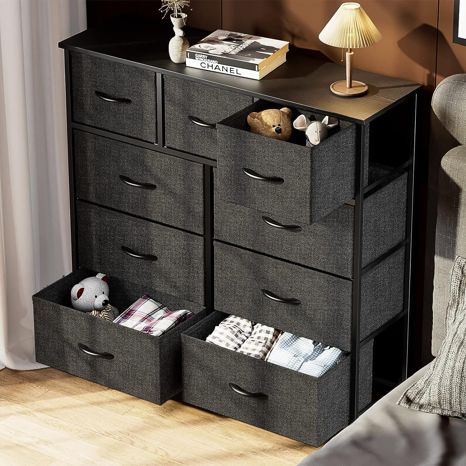 9 Storage Drawer Dresser for Bedroom Tall Wood Dresser with Fabric Storage Tower
