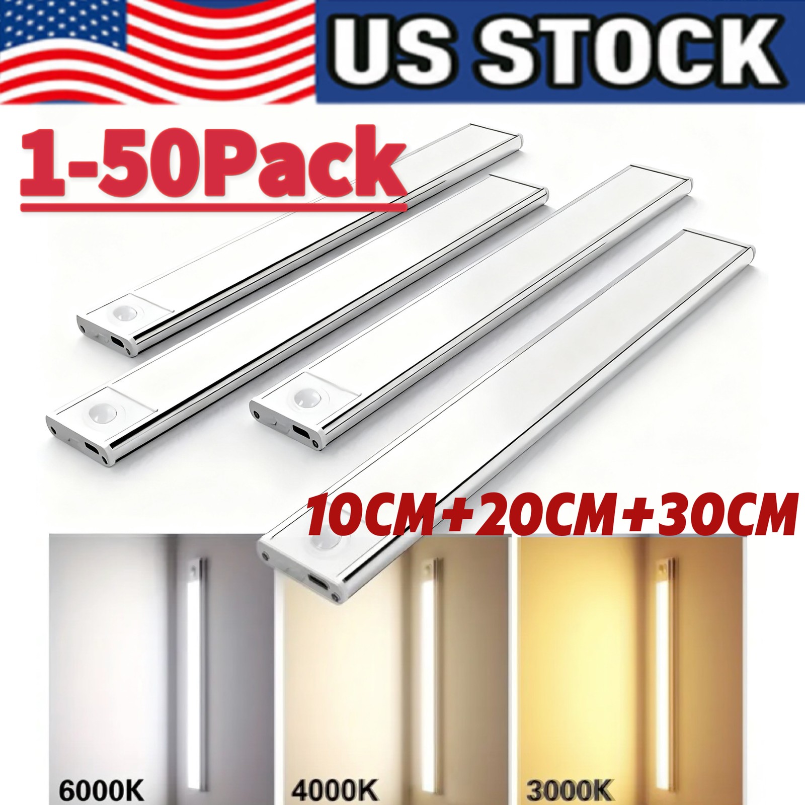 LED Motion Sensor Under Cabinet Closet Light USB Rechargeable Kitchen Lamp Strip