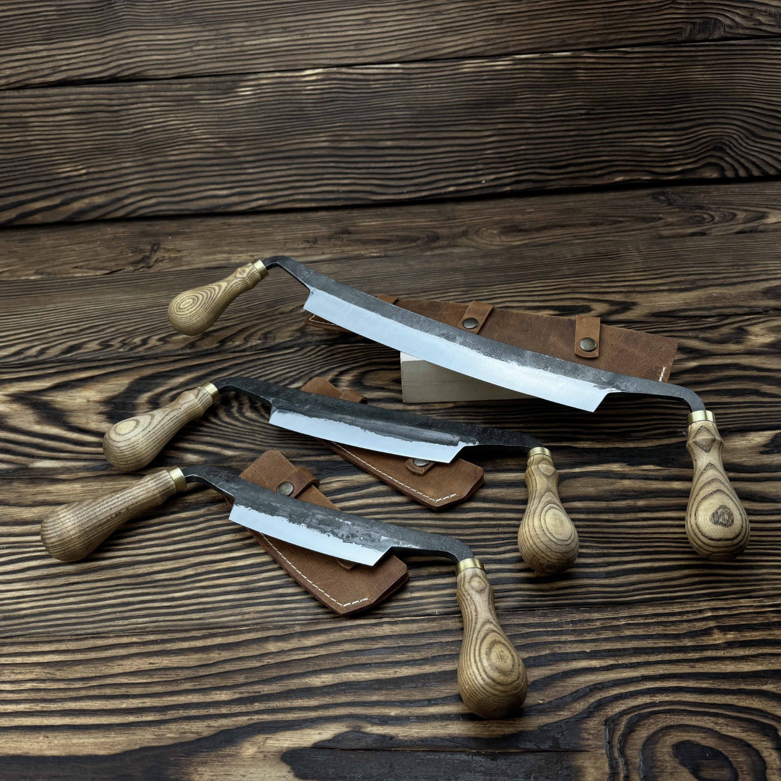 Straight Drawknife Hand-Forged 3-piece Set Ash Handles Steel Blades Gift.