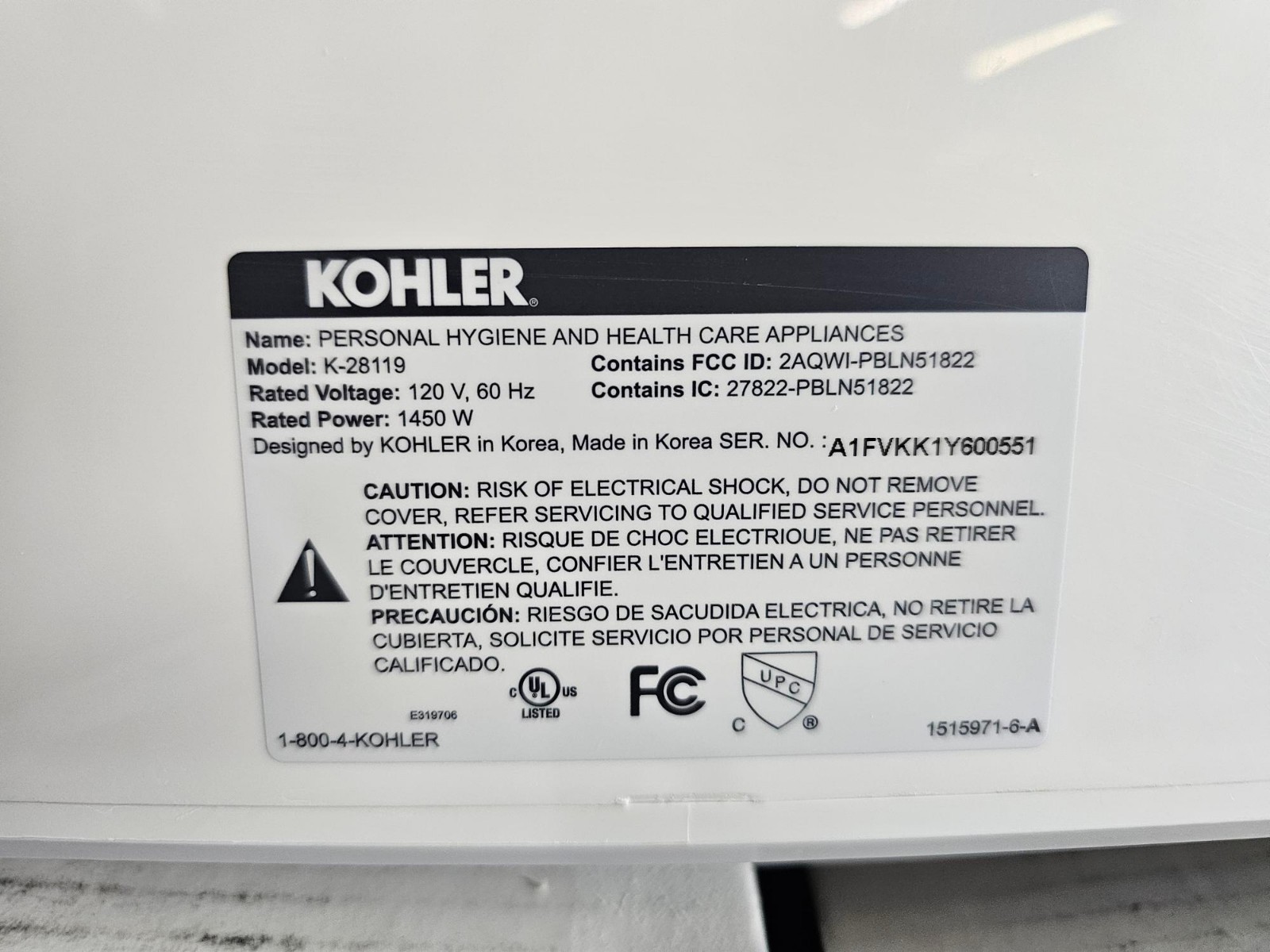 Enlongated Kohler C3-325 28119-0 Bidet Toilet Seat Heated w/ Remote