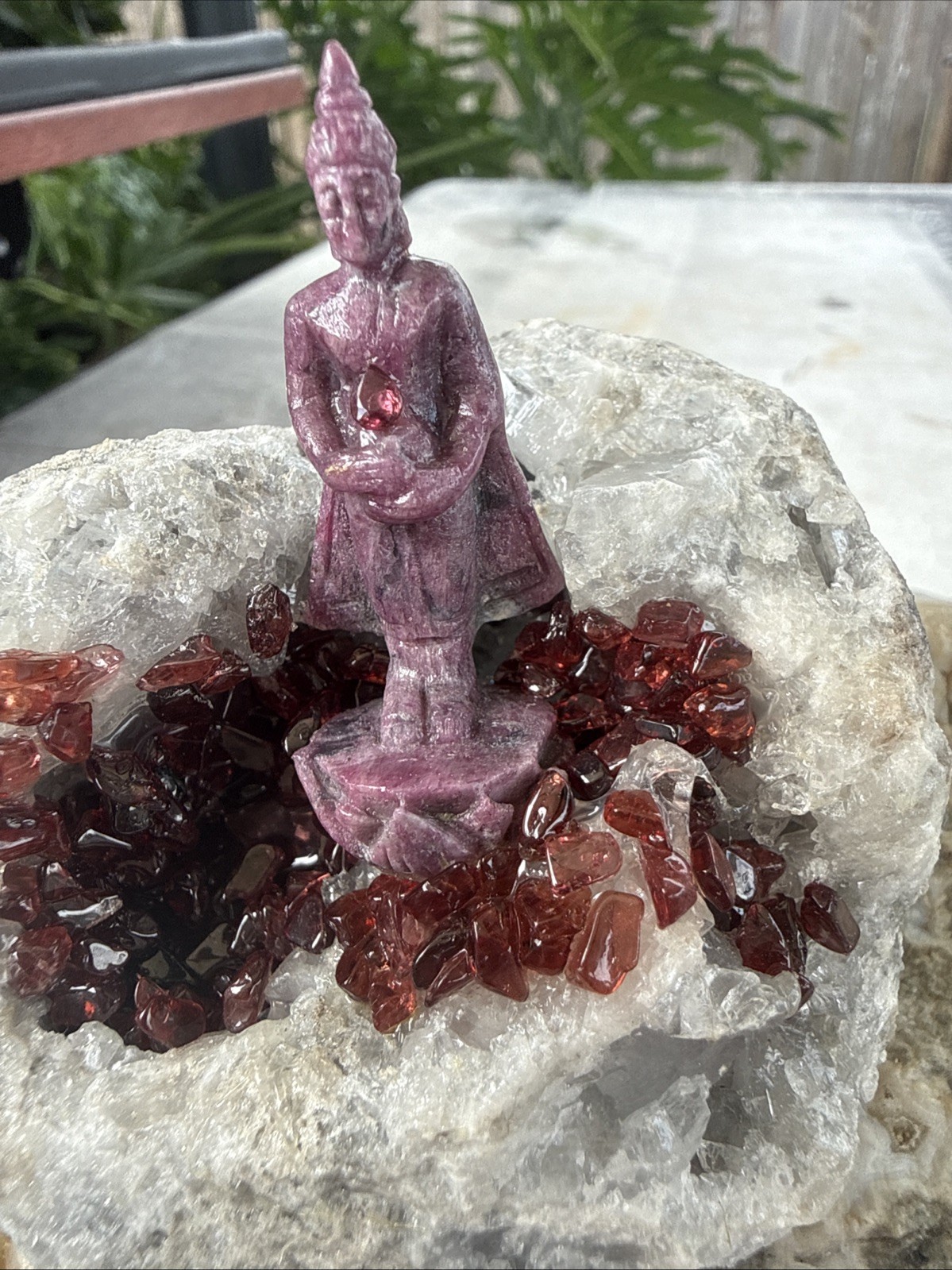 Carved Ruby Buhda On Ocean Jasper Faced Rough, Incredible Orbs Red Crystals 6”