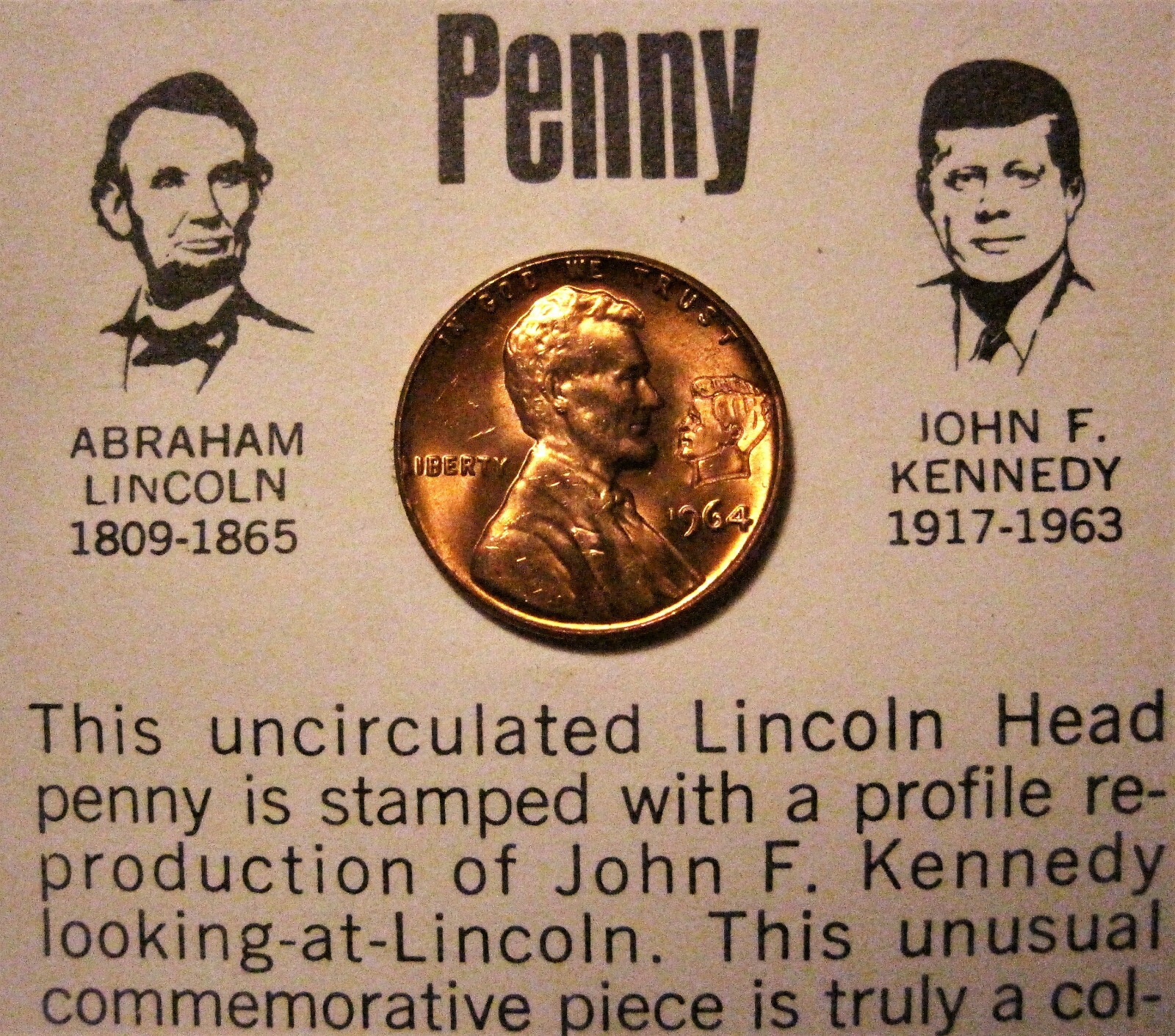 Red Unc 1964 Lincoln Kennedy Penny Astonishing Coincidences JFK Cent Card