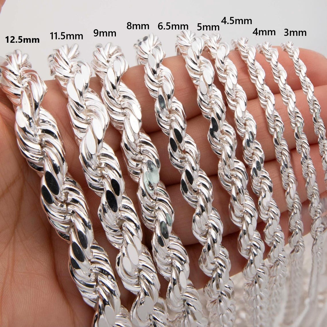925 Sterling Silver Italian DIAMOND CUT ROPE CHAIN Necklace All Sizes - UNISEX