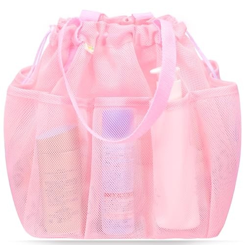 Mesh Shower Caddy Portable with Drawstring, Dorm Room Essentials for PINK