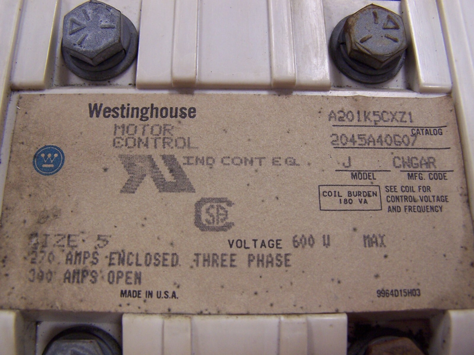 👀 WESTINGHOUSE SIZE 5 MODEL J MOTOR CONTROL 300A 120V COIL 600V 3PH A201K5CXZ1