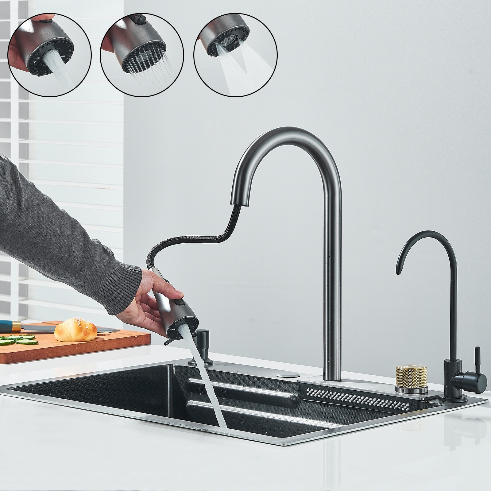 Stainless steel Kitchen Sink with Faucet 23.6 inch Large Single Bowl Top mounted