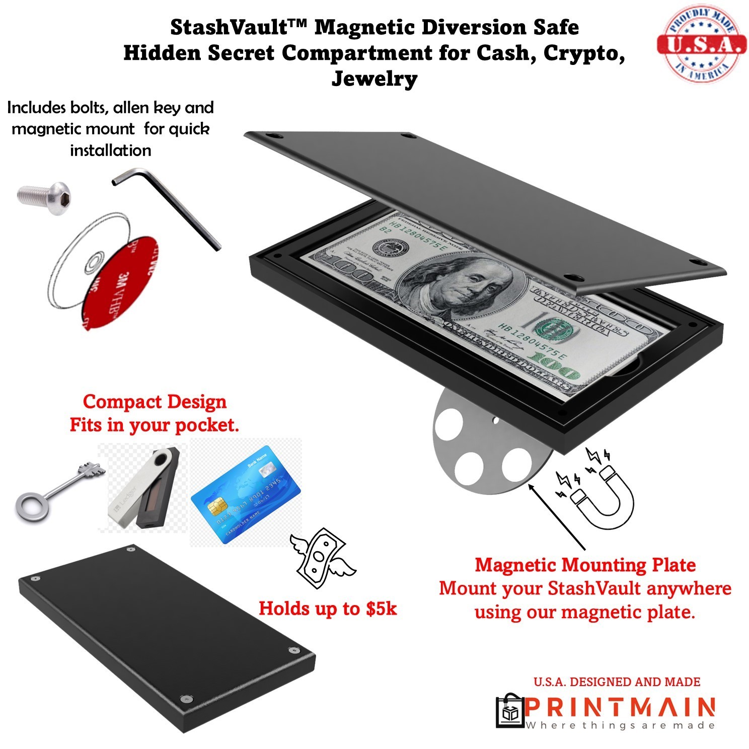 StashVault Diversion Safe, Hidden Secret Magnetic Stash Box Cash Crypto USA MADE