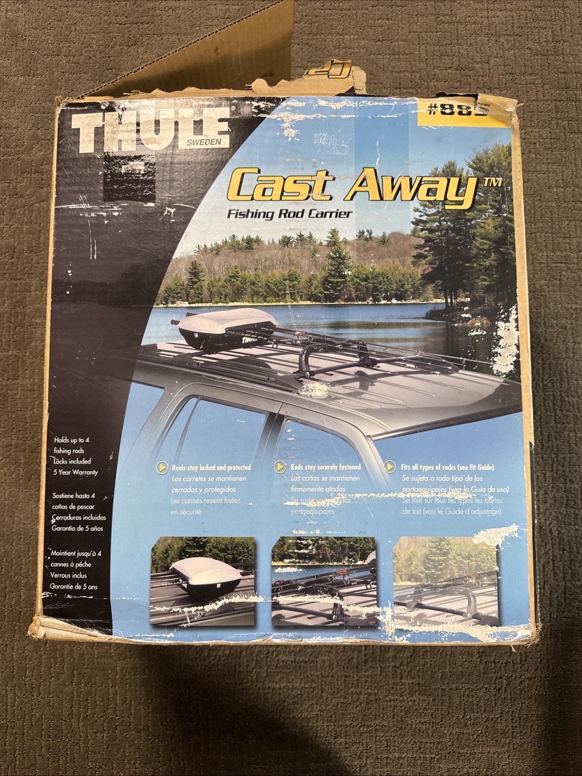 Thule Cast Away Fishing Rod Carrier Roof Rack #885, Locking, Holds 4 Rods, New