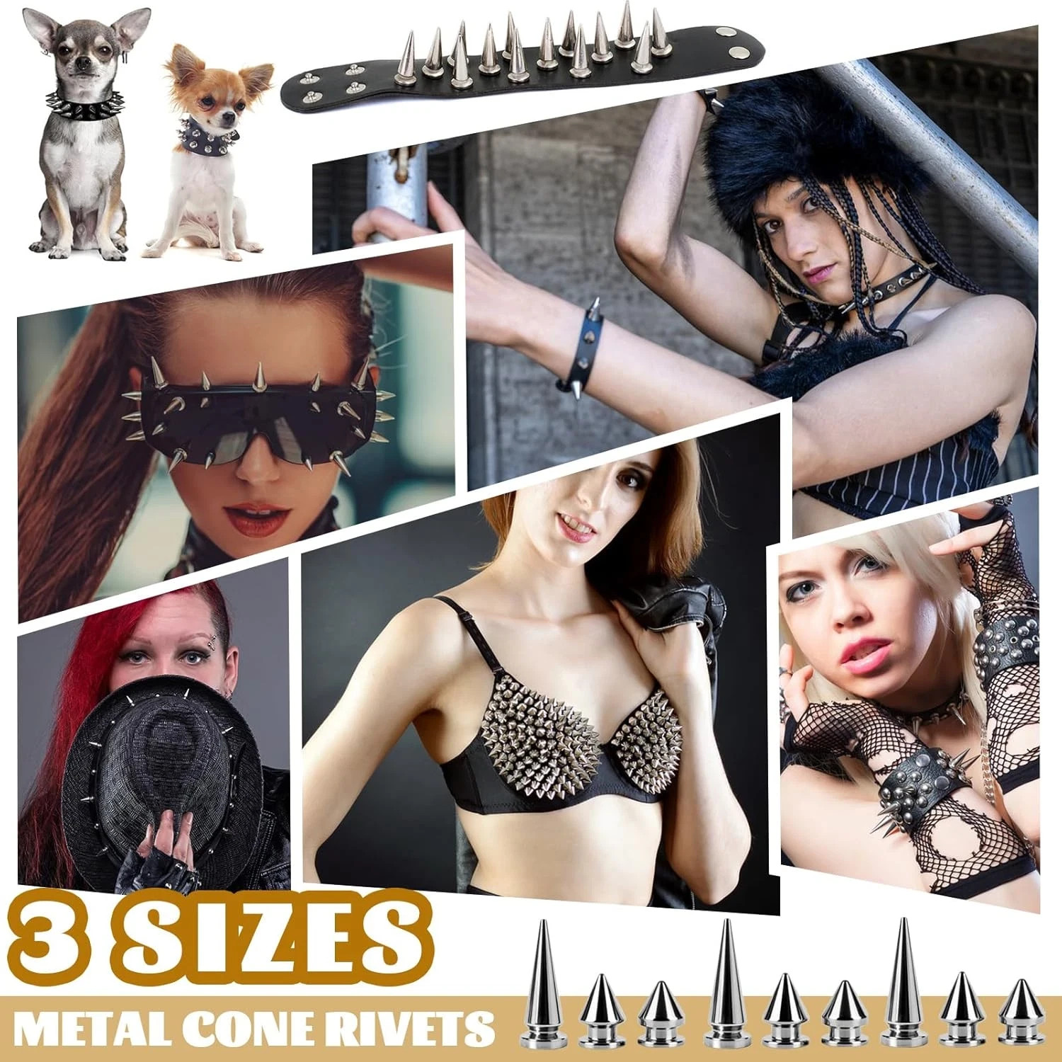 240 Pieces Multiple Sizes Silver Studs for Clothing, 3 Sizes Metal Studs and Spi