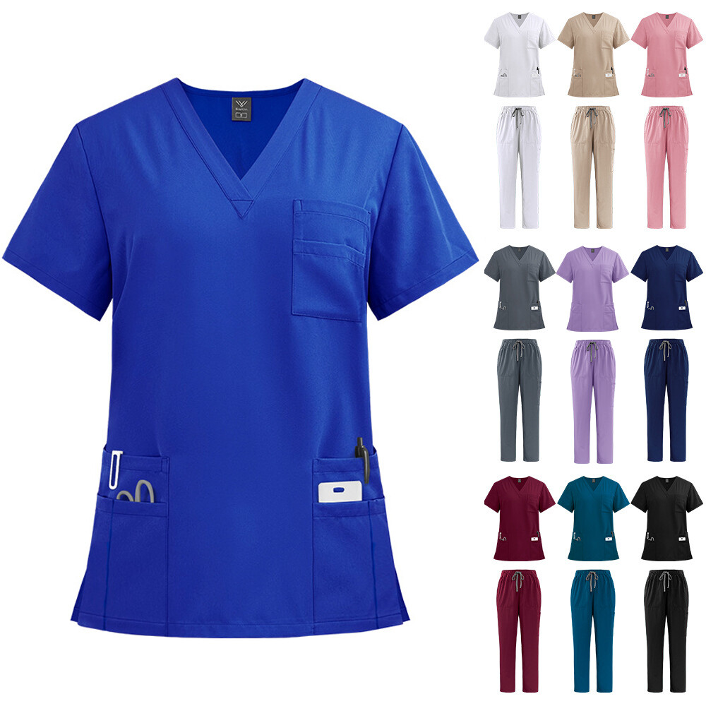 Unisex STRETCH Scrub Set Solid V-Neck Top Not-joger Pant Men Women Nurse Uniform