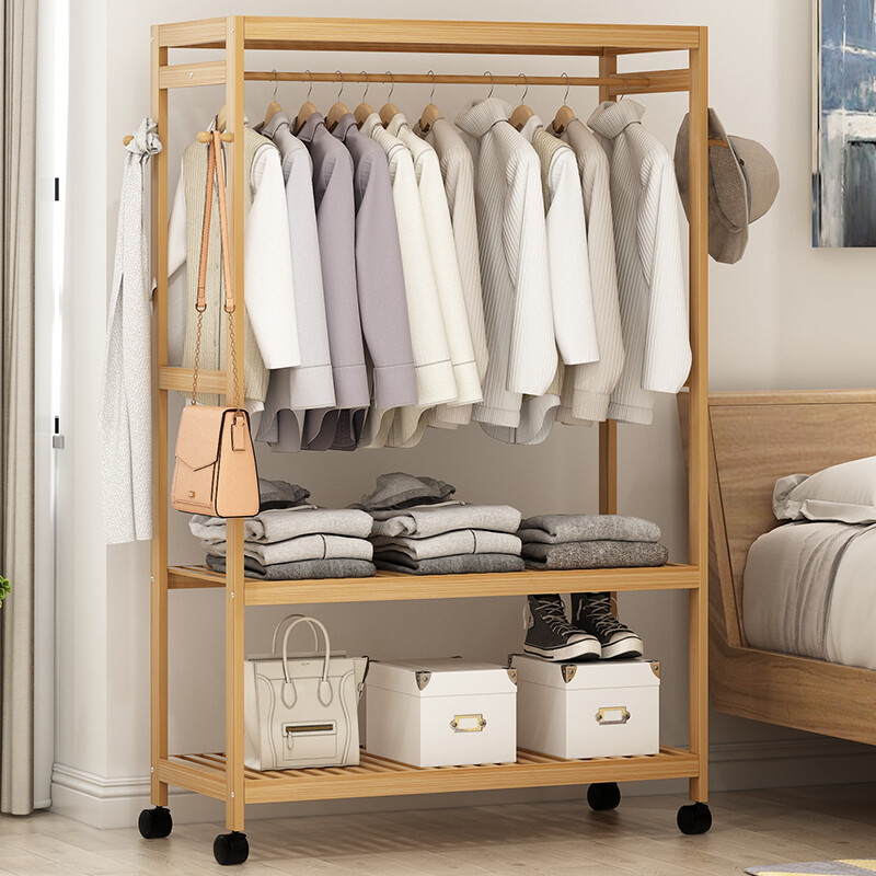 Bamboo Clothes Rail Rack Garment Storage Organizer Hanging Shelf On-Wheels DIY