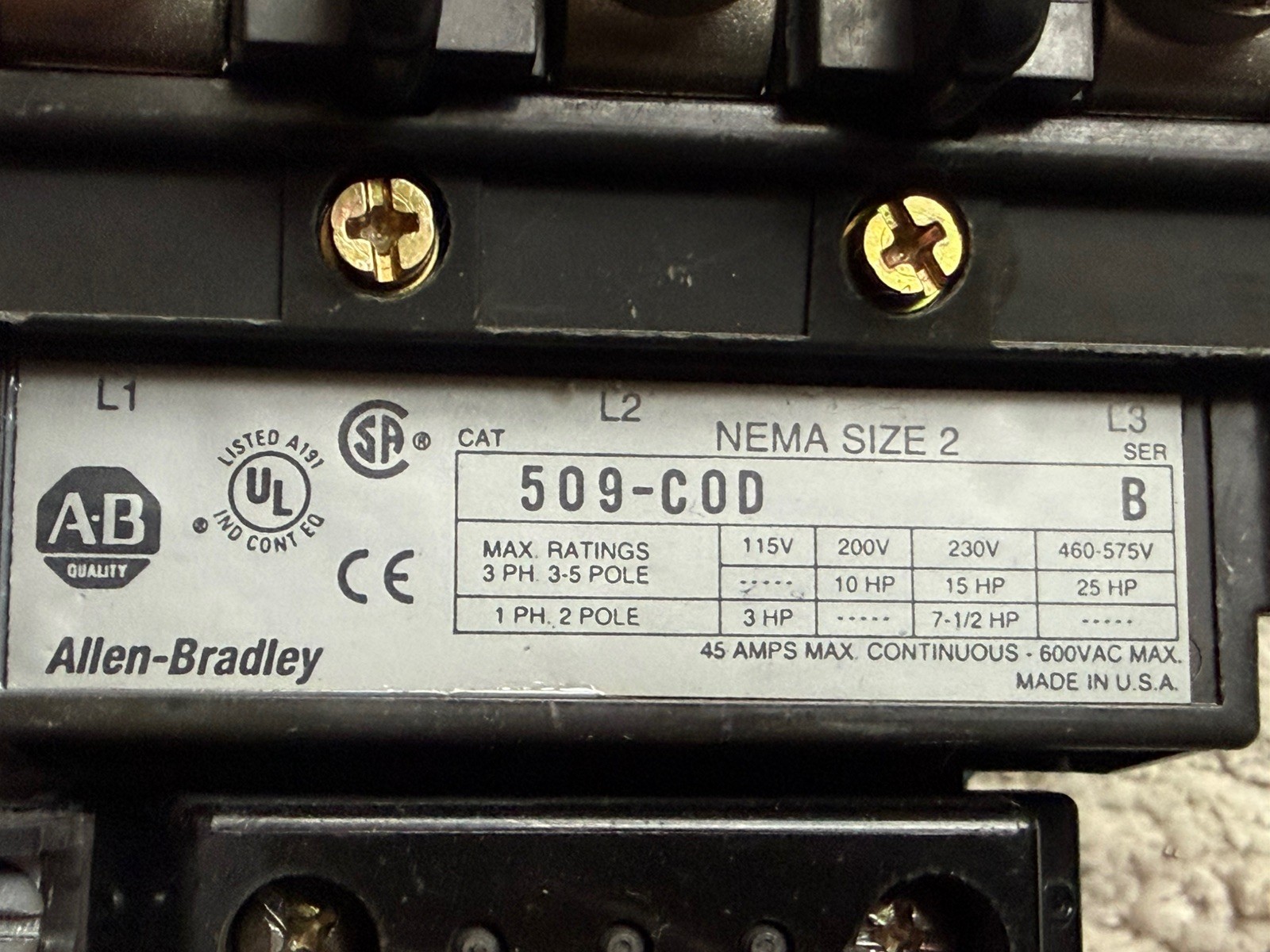 Allen Bradley AB 509-COD Size 2 Starter 120V Coil Series B Size 2 509-C0D