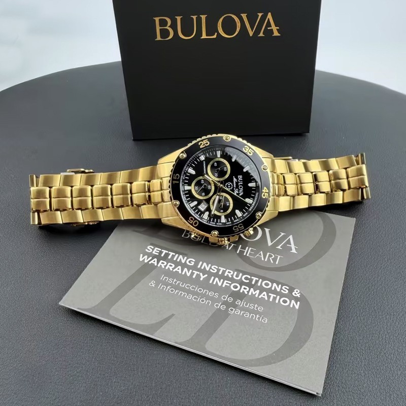Men Bulova Marine Star Black/Gold Dial Chronograph 98B406 Quartz Watch 41.5mm