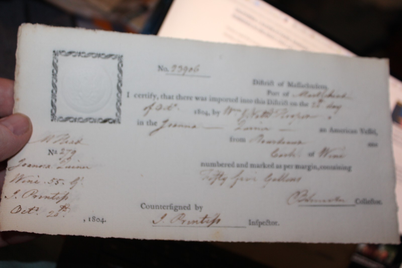 Import Certificate 1804 Marblehead Autograph Benjamin Lincoln Washington's Aide