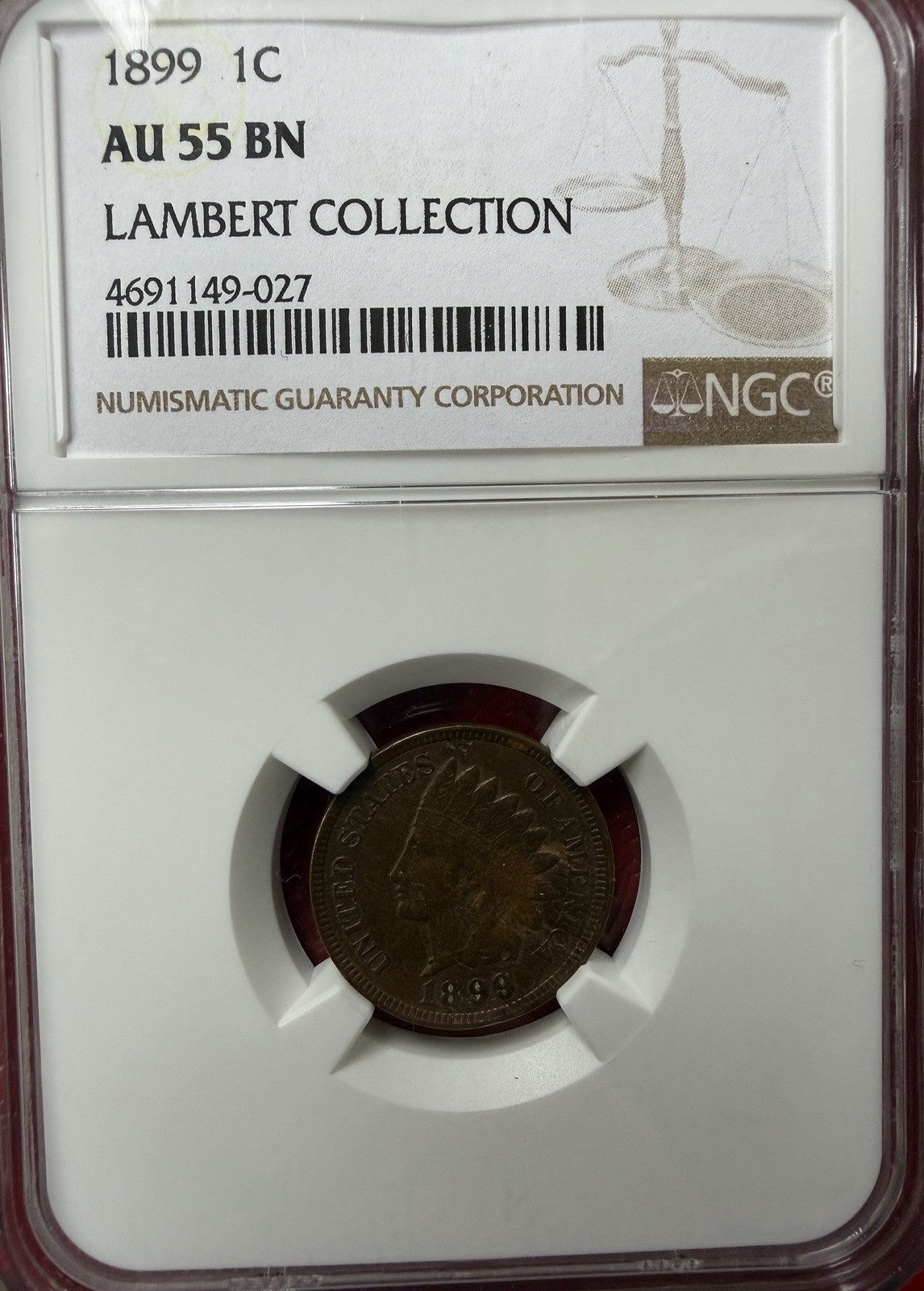🪙 1899 Indian Head Cent – NGC AU55 BN (Lambert Collection) Collectible Coin