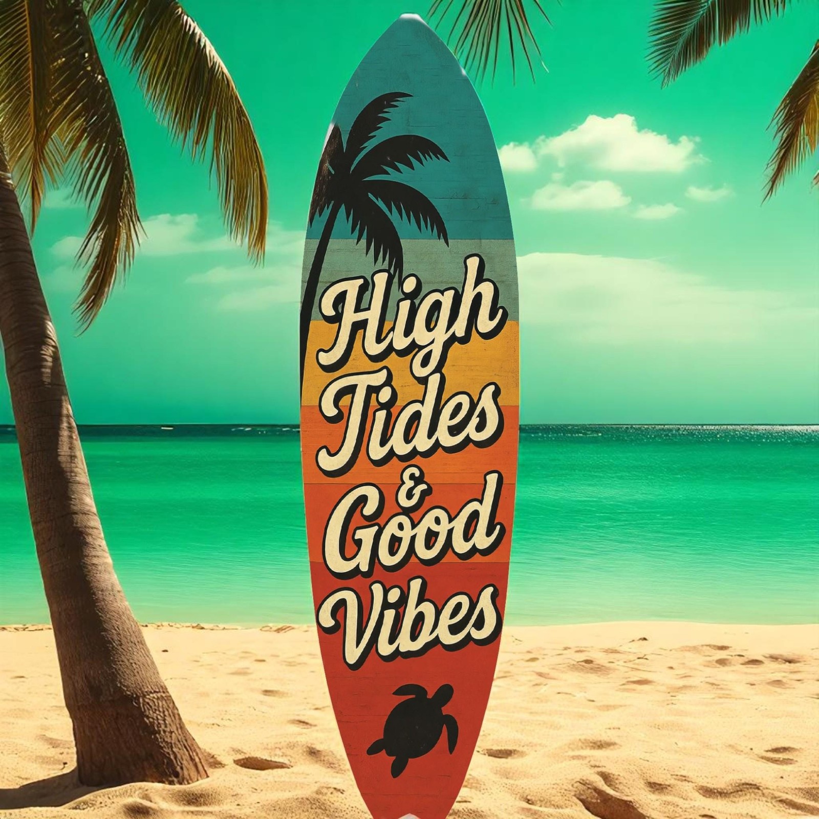 High Tides Good Vibes Surfboard Sign, Coastal Wall Decor, Beach Art, 3 - 5 Feet