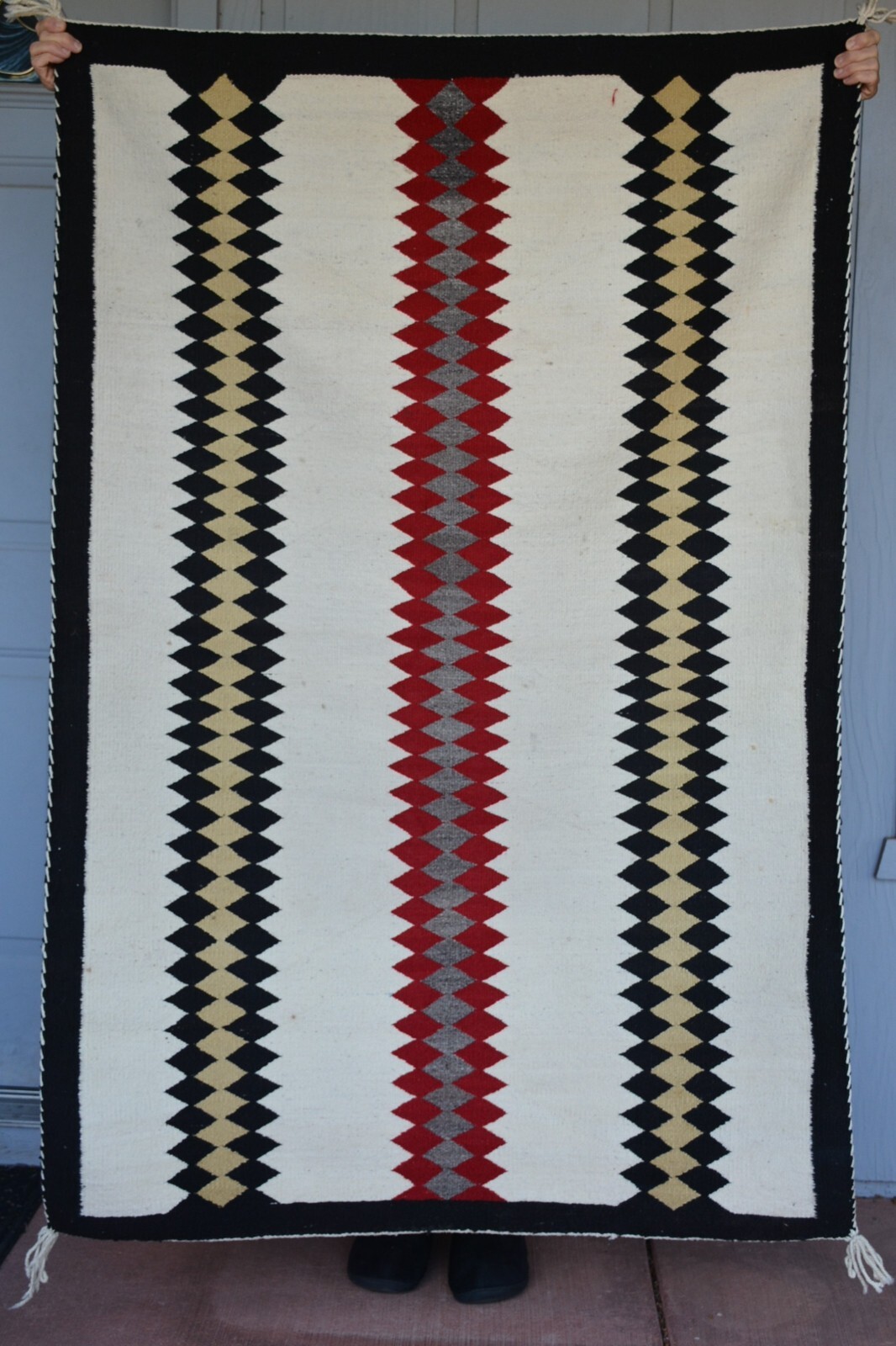 Old Navajo Rug - Red Black Tan Grey Vertical Bands on White Ground - 62 x 42.5