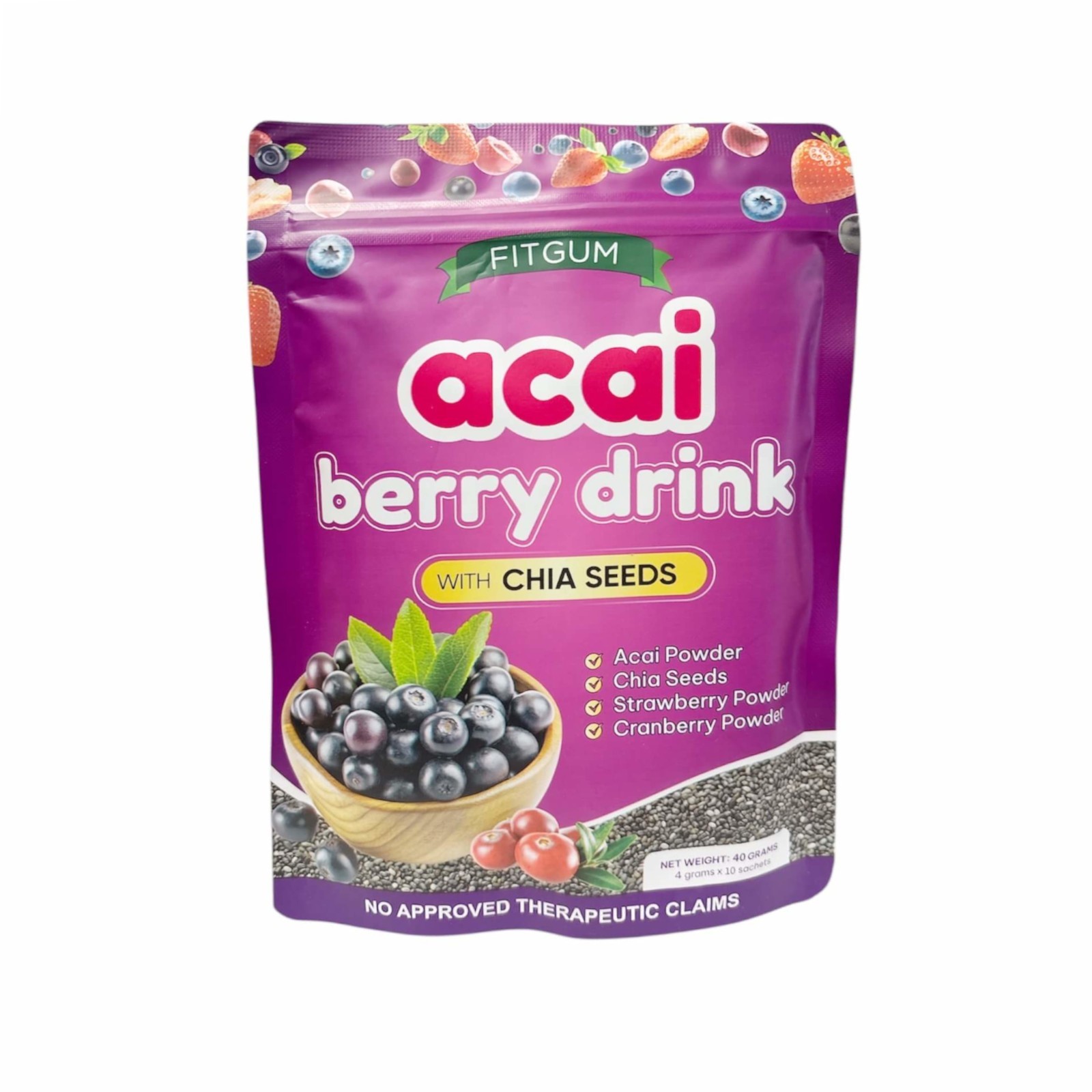 FITGUM Acai Berry Drink Powder with Chia Seeds 10 Sachets Daily Beverage