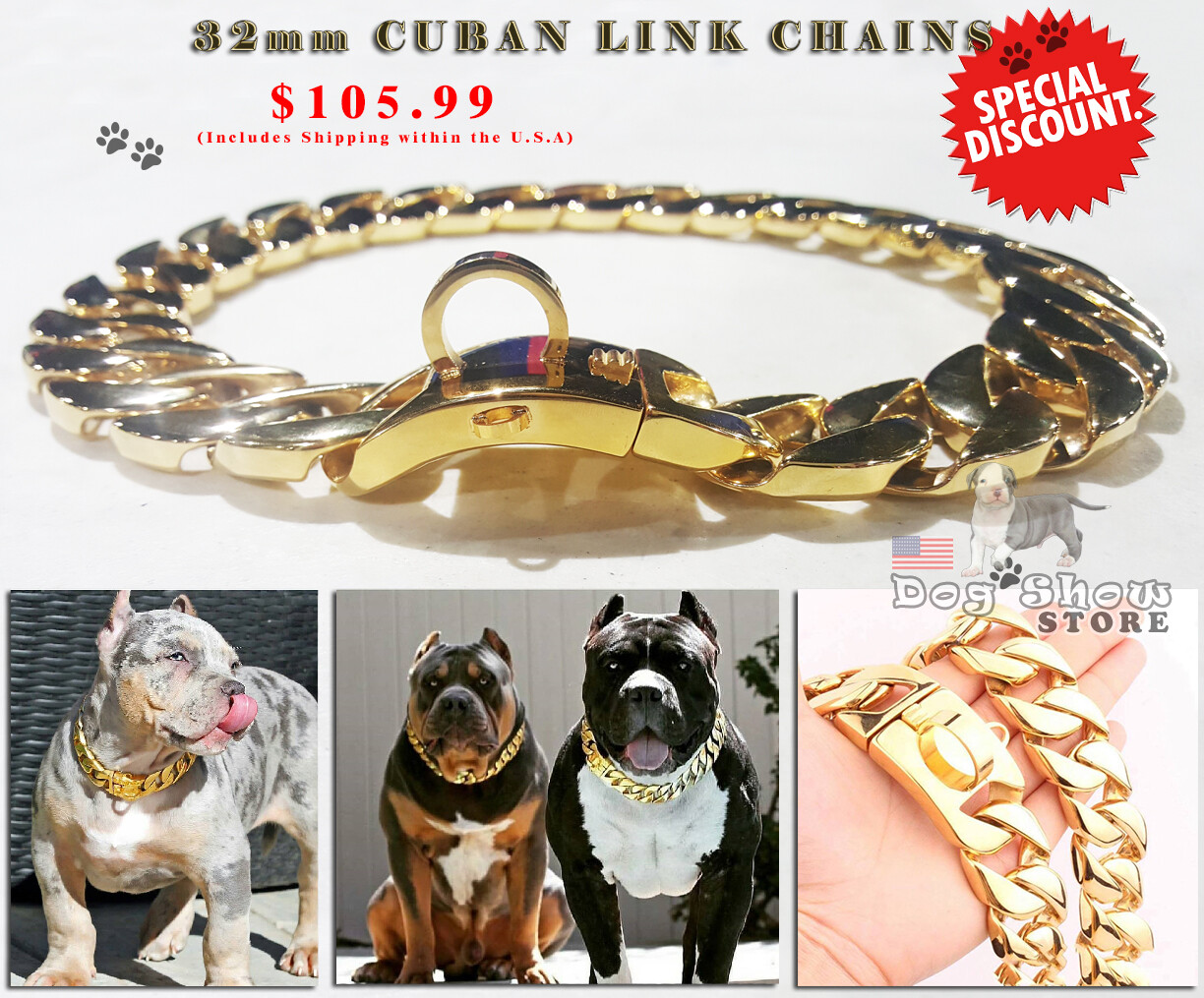 Cuban Gold pet Chain 32mm Dog Show Collar 316L Stainless Steel-AUTHORIZED SELLER