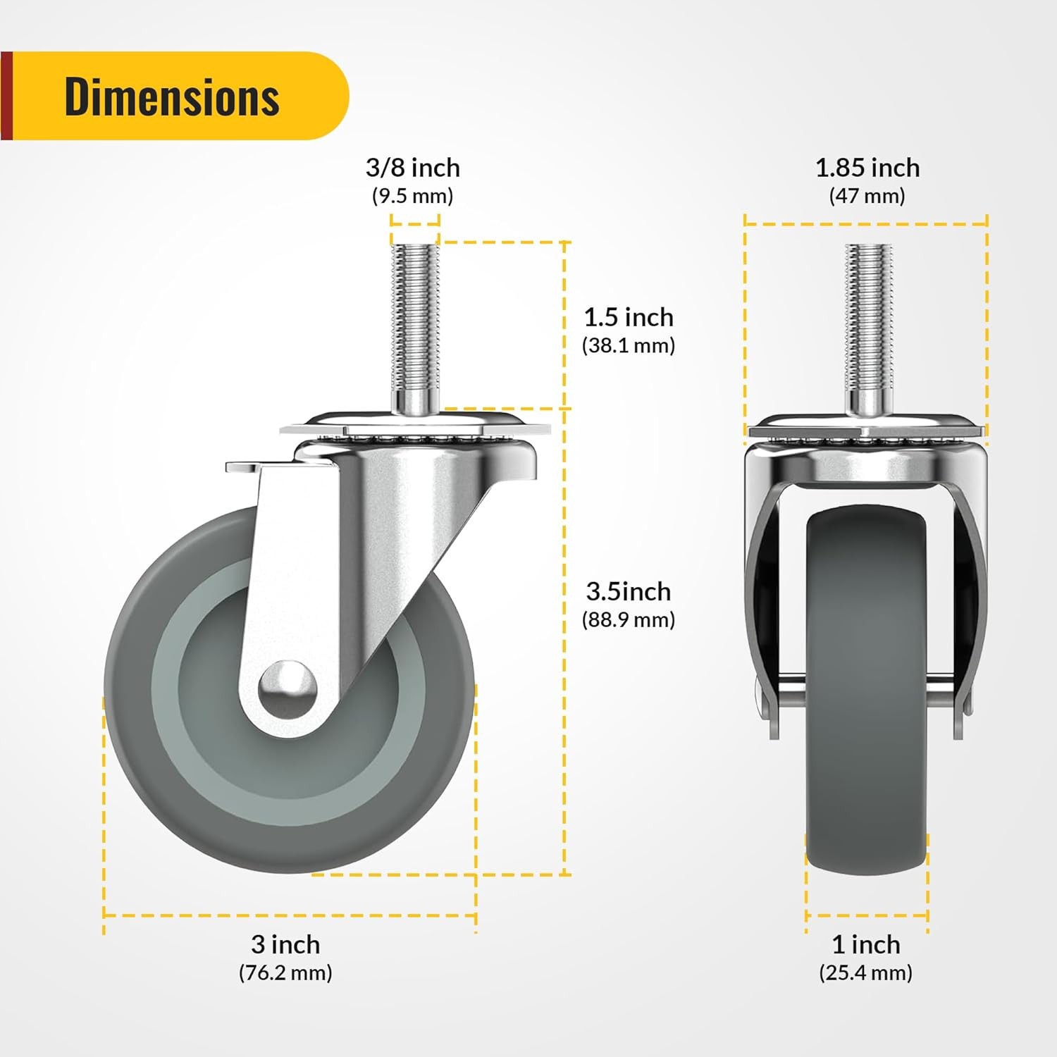 3 Inch Caster Wheels Threaded Stem Casters Set of 4 Heavy Duty Swivel Wheel