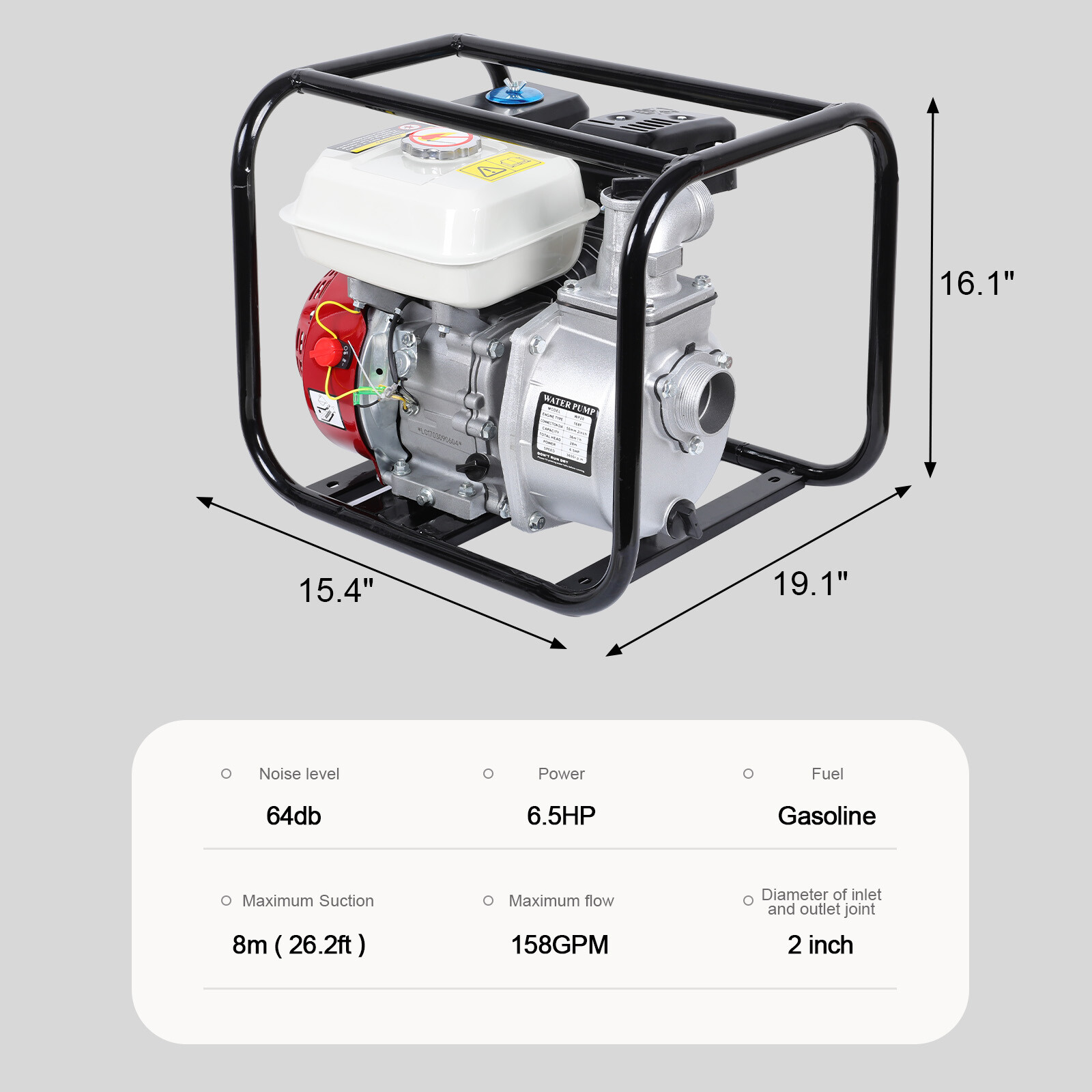 6.5HP 4 Stroke Gasoline Engine Water Pump 2 in Gas-Powered Semi-Trash Water Pump