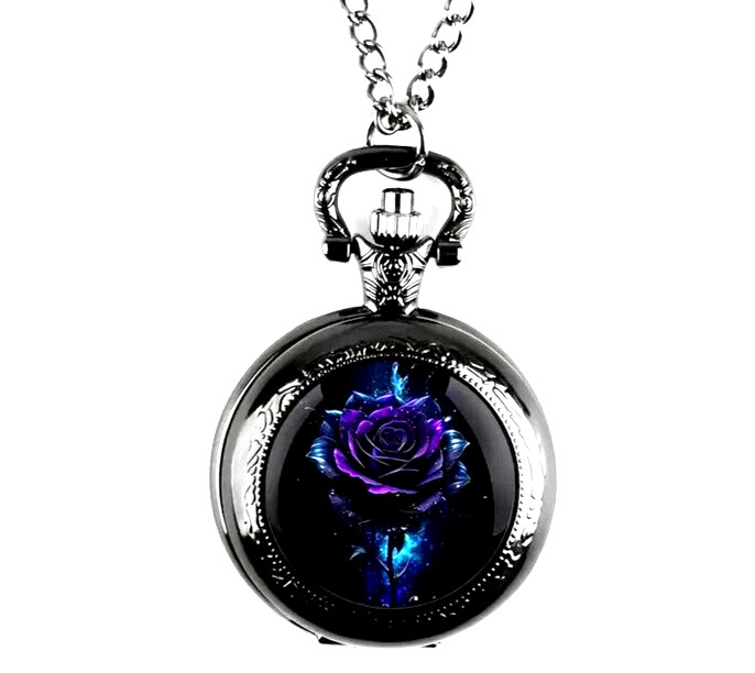 NEW Purple Rose Vintage Like, Quartz Pocket Watch, Black Necklace Chain 1.4wx.6d